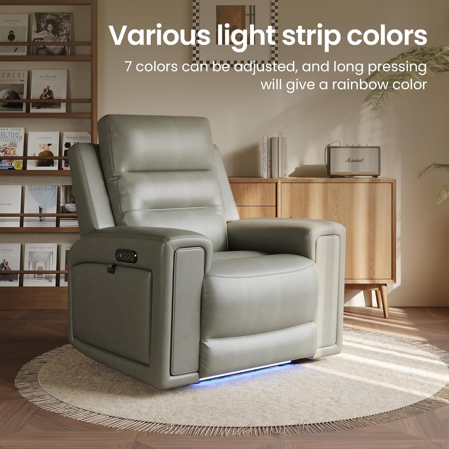 COLAMY Triple Motors Power Recliner Chair, Leather Wall Hugger Reclining Sofa for Home Theater, Nursery, Independent Headrest & Lumbar Support, Overstuffed Seating with USB Ports & LED,Grey