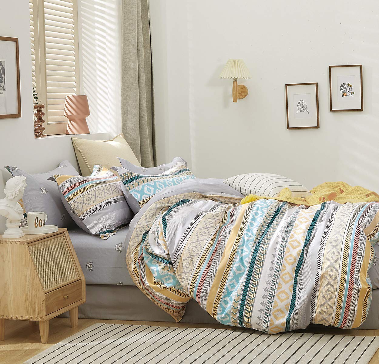 Sleepbella Duvet Cover King size, 600 Thread Count Cotton Yellow \u0026 Aqua Green Patchwork Printed on Beige Bohemian Duvet Cover Sets,Button Closure