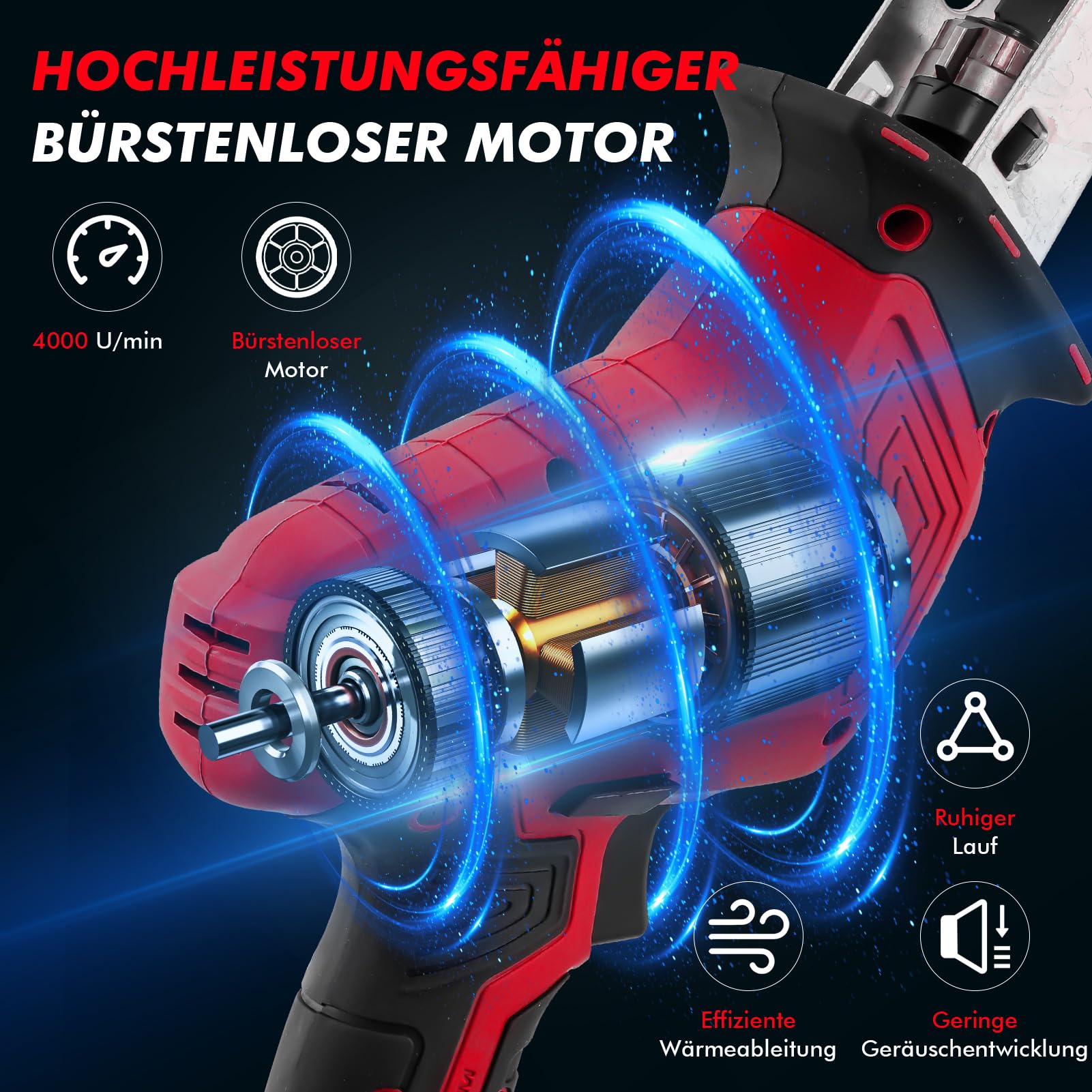 Scie sabre sans fil 21V – Moteur brushless, vitesse variable 0-4000 tr/min, 2 batteries 2.0Ah, 8 lames, éclairage LED et chargeur rapide. Idéale pour bois, métal et PVC – Couleur Rouge.