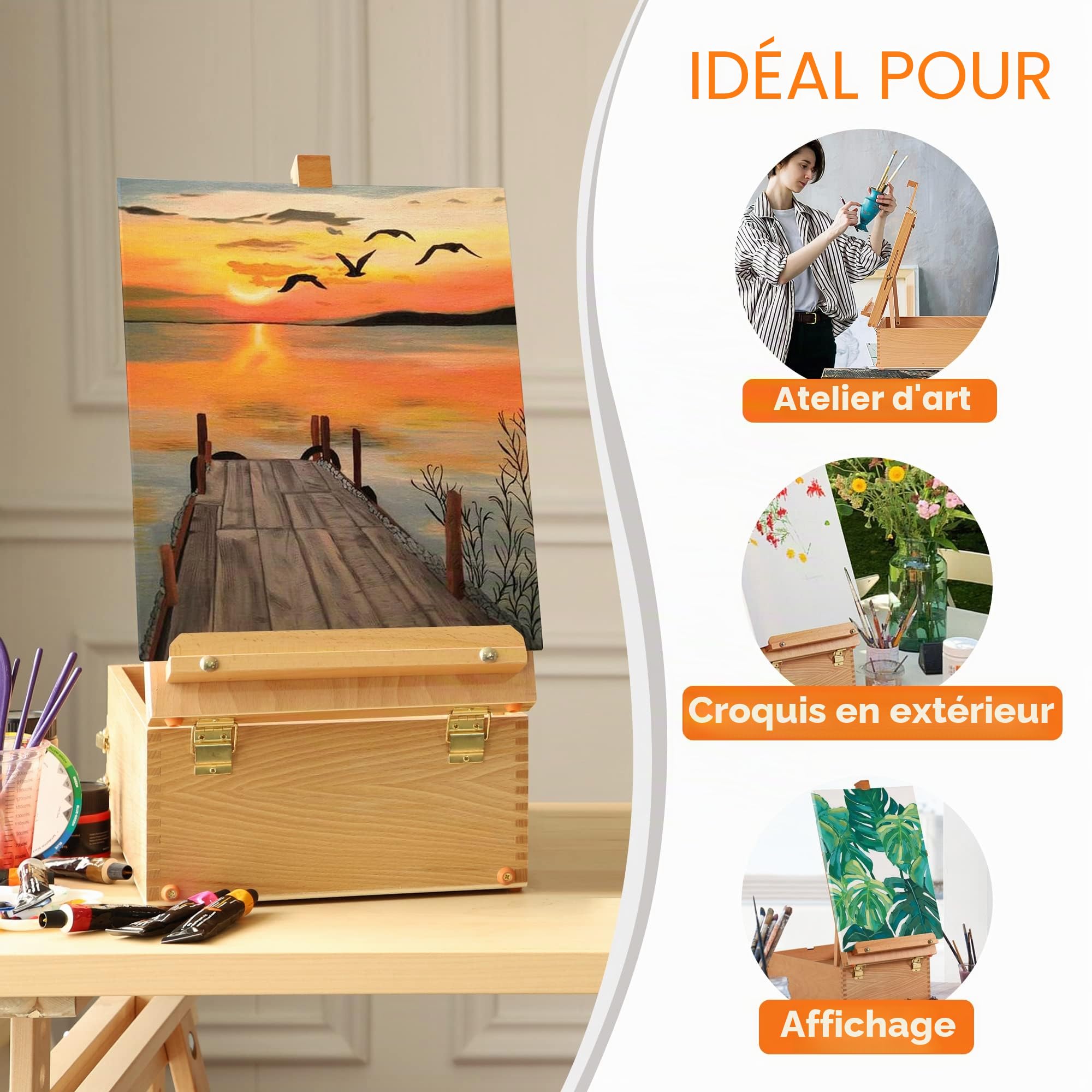 VISWIN Grande Boîte de Chevalet de Table Avec 3 Tiroirs, Boîte de Rangement Portable en Bois de Hêtre Pour Toile de Peinture, Fournitures d'Art, Adultes, débutants, Artistes