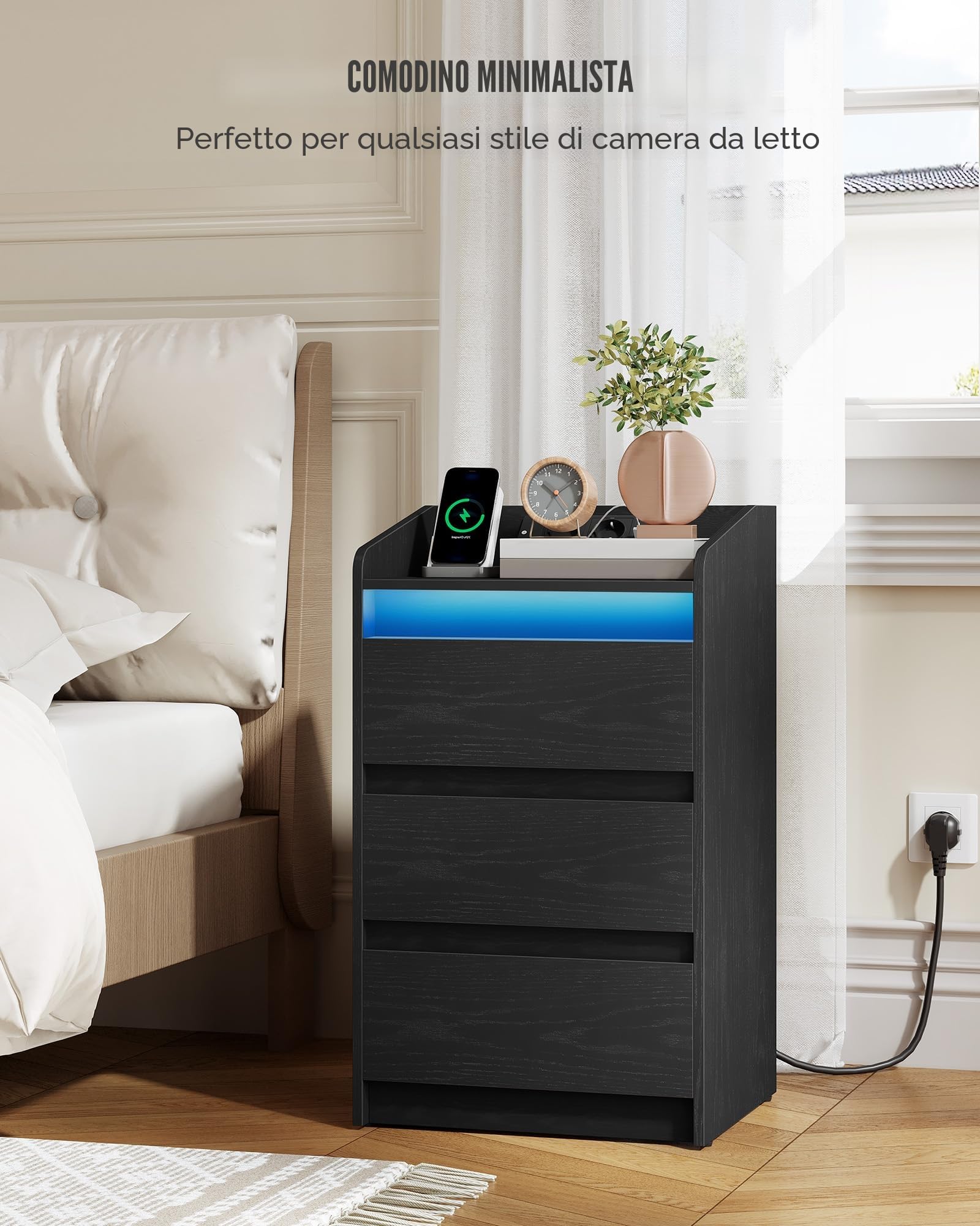 Hzuaneri Comodino Set di 2 con 3 Cassetti, Tavolino con Stazione di Ricarica LED, 2 Prese CA e 2 Porte USB per Camera da Letto, Soggiorno, Nero NS40104X