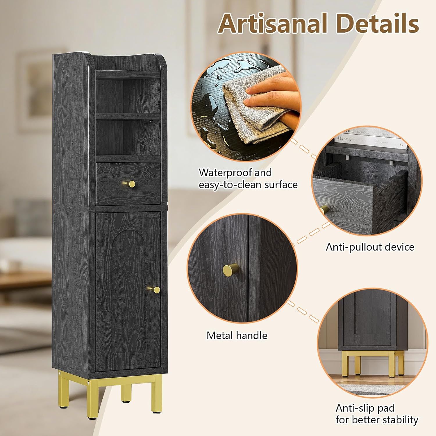 EVLIQUIL Small Bathroom Storage Cabinet, Bathroom Cabinet with Adjustable Shelves & Doors & Drawer, 7.87" x 7.87" x 32.4" Narrow Toilet Paper Cabinets for Small Spaces Organizer, Black