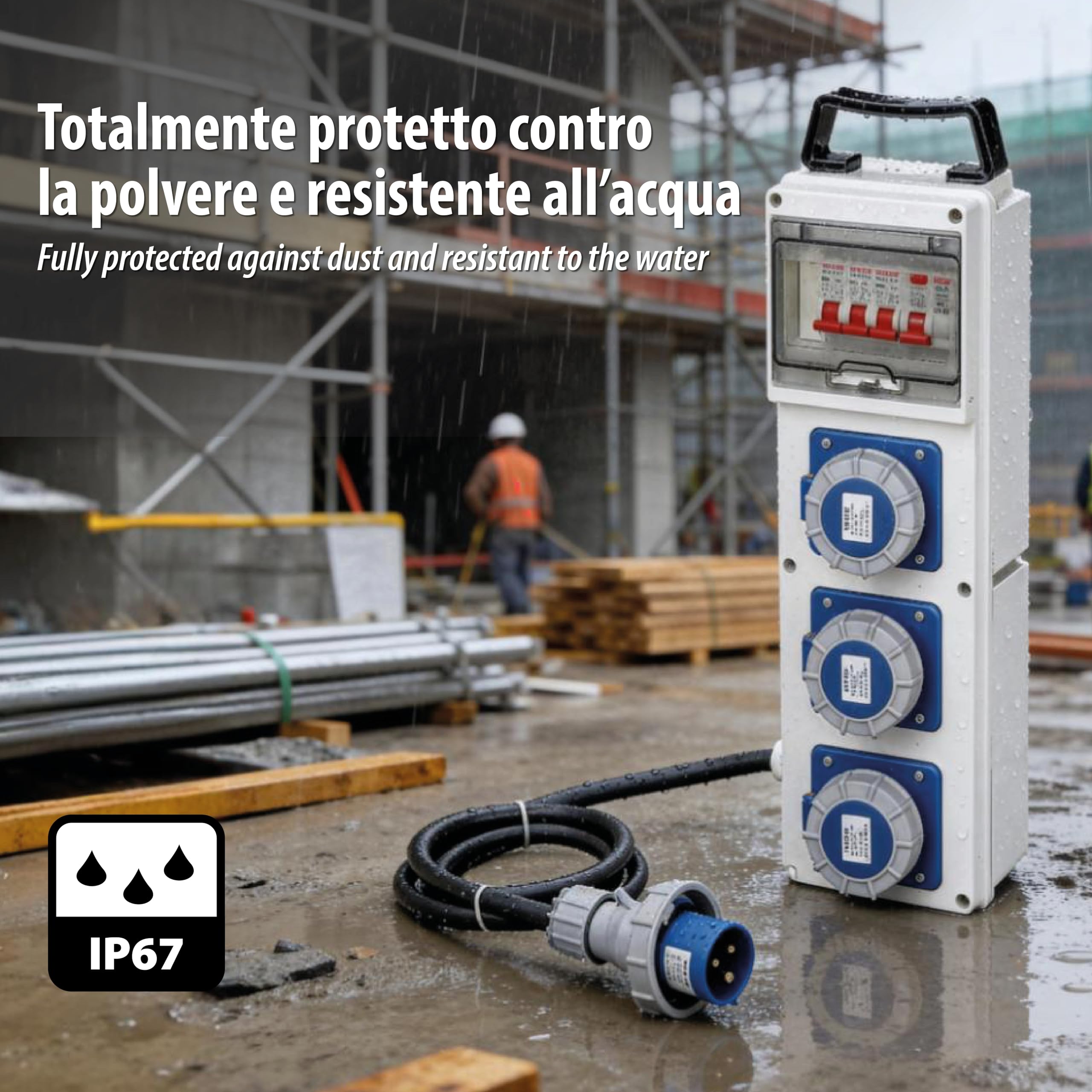 Quadro Elettrico di Distribuzione 3 Prese Industriali CEE, Spina CEE, Cavo 2M H07RN-F 3G2.5, Impermeabile IP65, interruttore differenziale 30ma + interruttore di sicurezza. Ideale per cantieri, camper