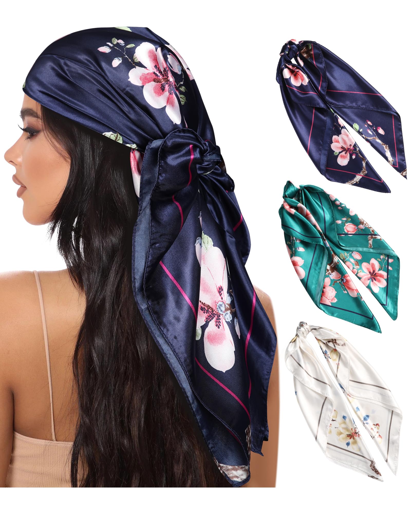 AWAYTR 35” Large Square Satin Head Scarf - 3Pcs Hair Scarves Silk Bandana Headscarf Silk Feeling Scarf for Women