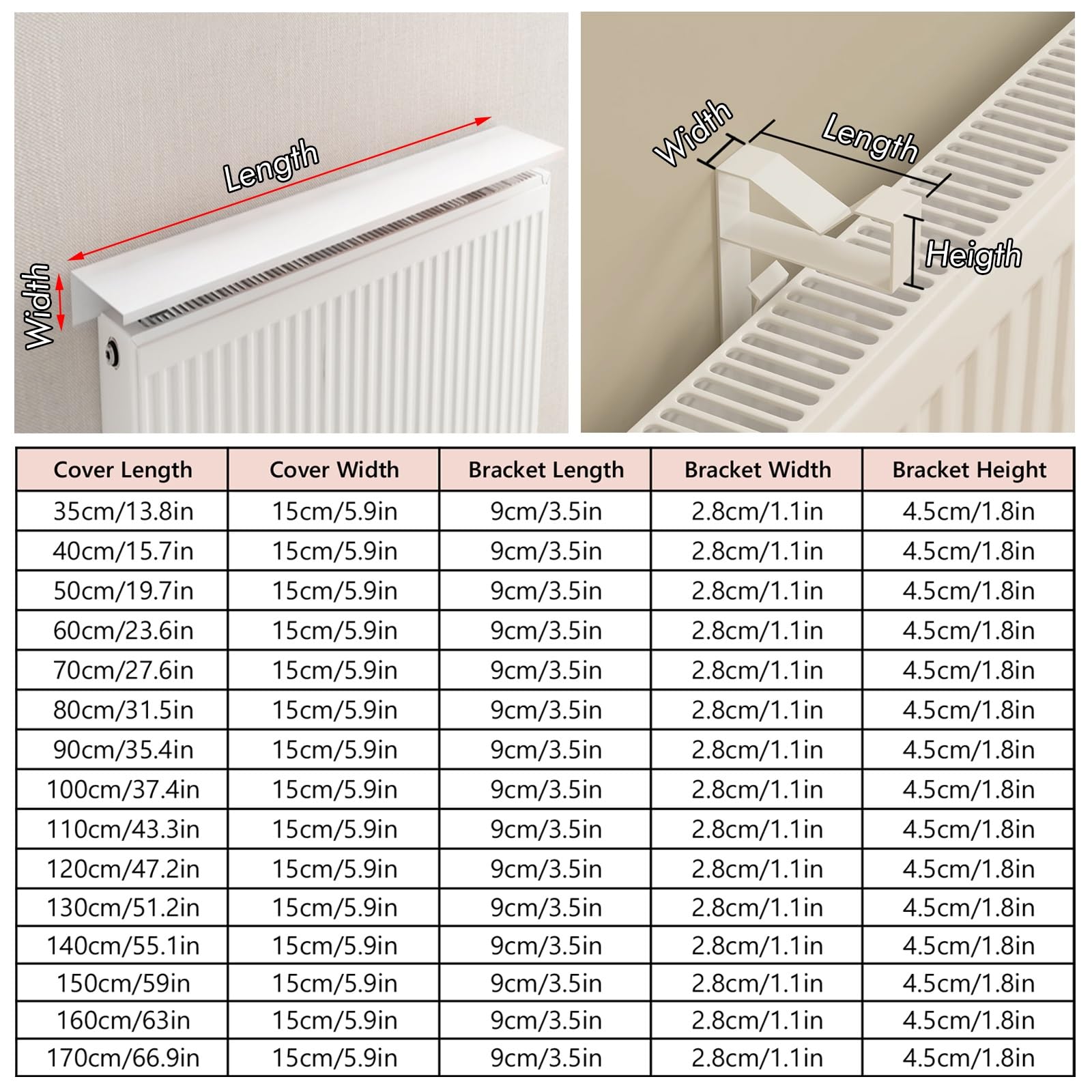 Slimline - Estante de aluminio para radiador, ajustable, 40-170 cm, ideal para clínicas, baños y entradas, fácil instalación, decoración del hogar, acabado blanco (170 cm x 15 cm)
