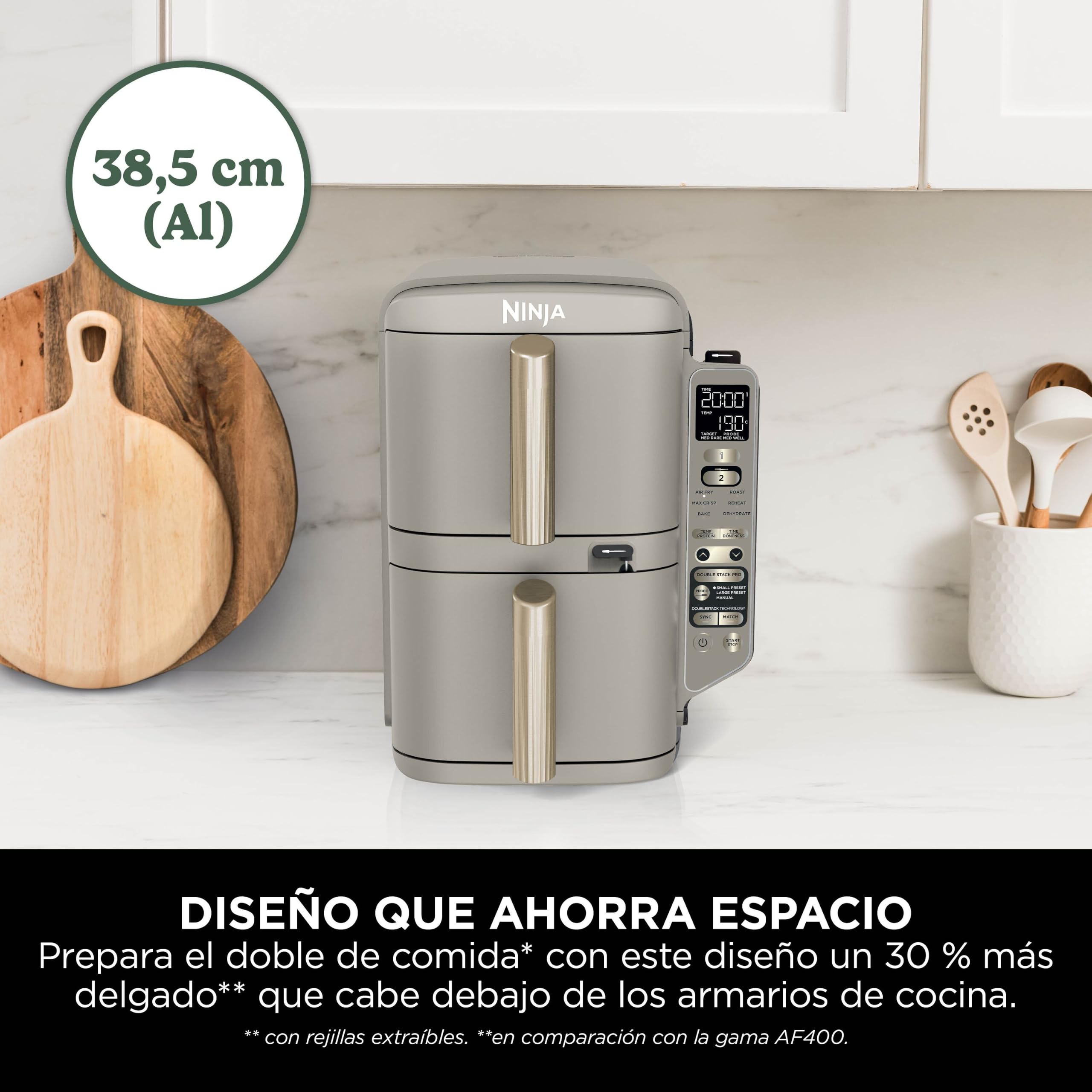 Ninja Double Stack XL, Freidora de Aire, 9,5L, Piedra Dorada, SL451EUSD | Freidora de Aire Vertical de Doble Cajón, 4 Niveles de Cocción, 2 Rejillas, con Sensor Digital de Cocción