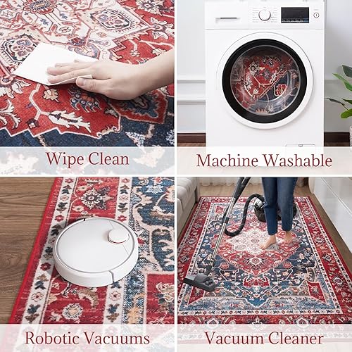 Miniatura 7 de Alfombra bohemia vintage de 5 x 7 pies, ligera, resistente a las manchas, lavable a máquina, antideslizante y no desprende pelusa, para sala de