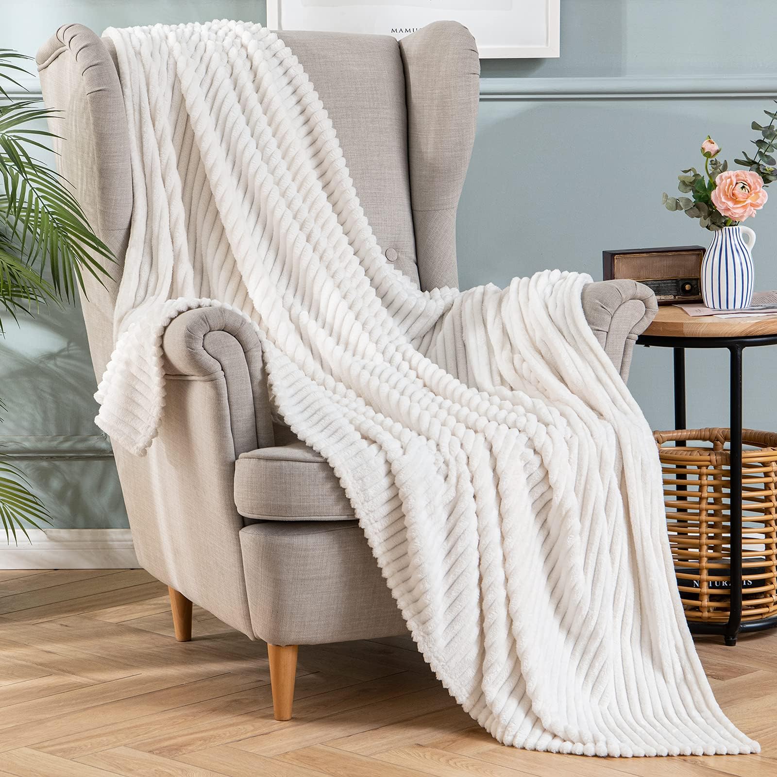 MIULEE Flannel Fleece Throw Blankets Soft Warm Comfortable Throws for Sofa Corduroy Fluffy Blanket Bed Throw for Bedroom Couch Travel Kids Bedroom Accessories 50x60Inch Beige