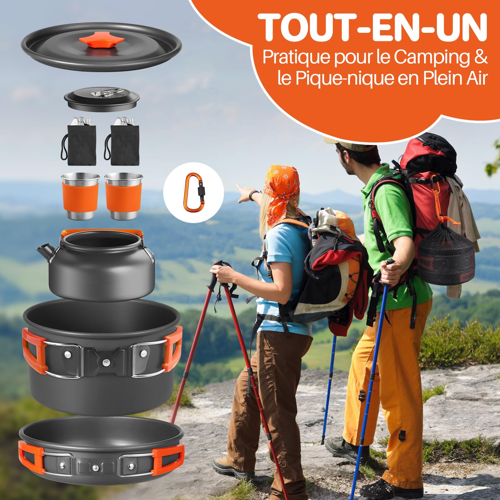 FUNYKICH Multi-PCS Kit de Casseroles Camping, Accessoire Camping Légère, Cookware Kit en Aluminium Durable pour Pêche/Survie/Randonnée/Outdoor/Pique-Nique