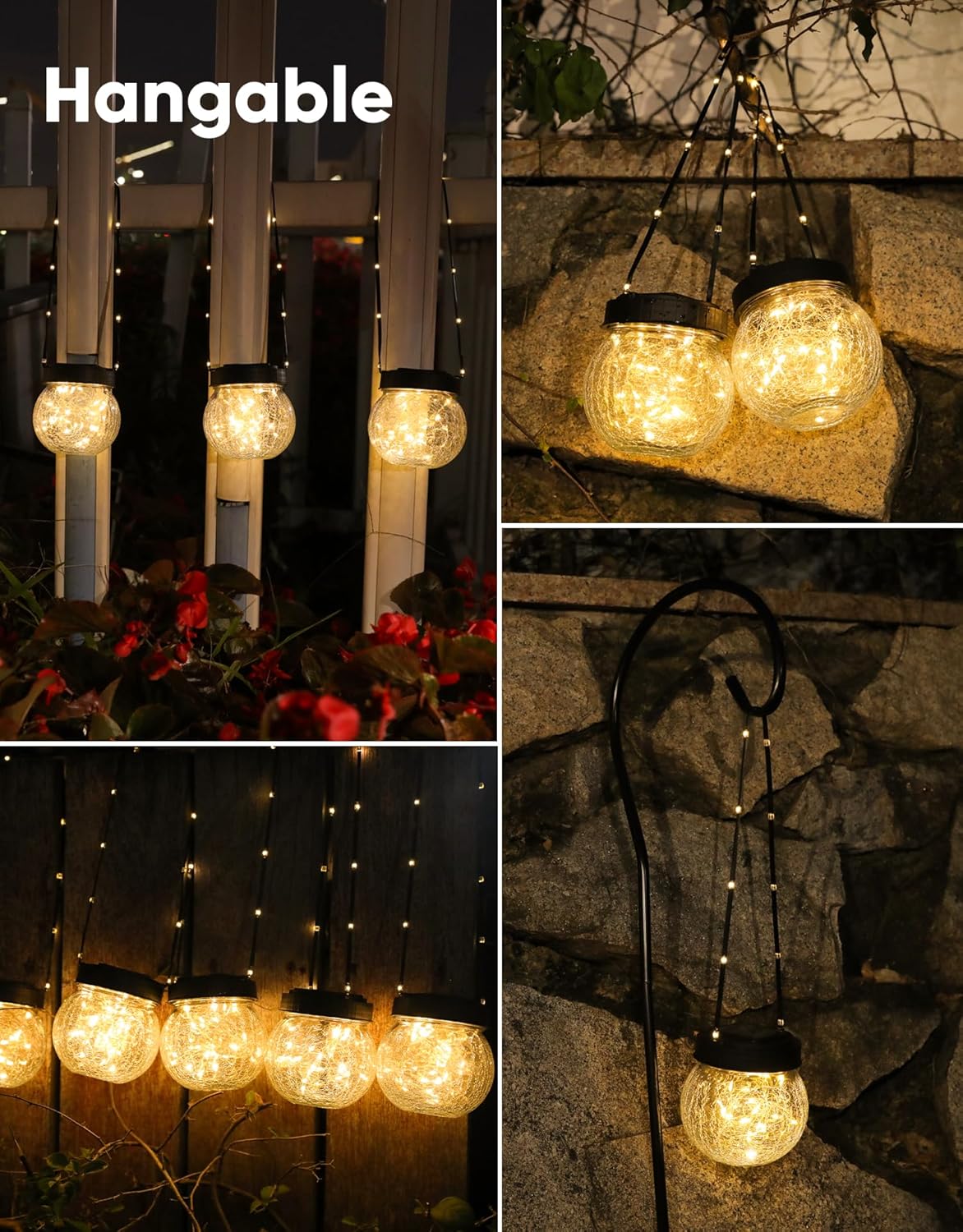 Solar Lanterns Solar Lights Outdoor Waterproof 6-Pack, Solar Powered Hanging Lights Cracked Glass Hanging Globes for Christmas Decoration, Shepherd Hook, Garden Tree Ornaments - Image 5