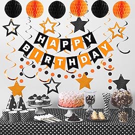 meowtastic Birthday Decorations, Happy Birthday Banner with Honeycomb Balls, Star Hanging Swirl Streamers, Circle Dots Garland, Happy Birthday Party Decorations for Women Girls (Black & Orange)