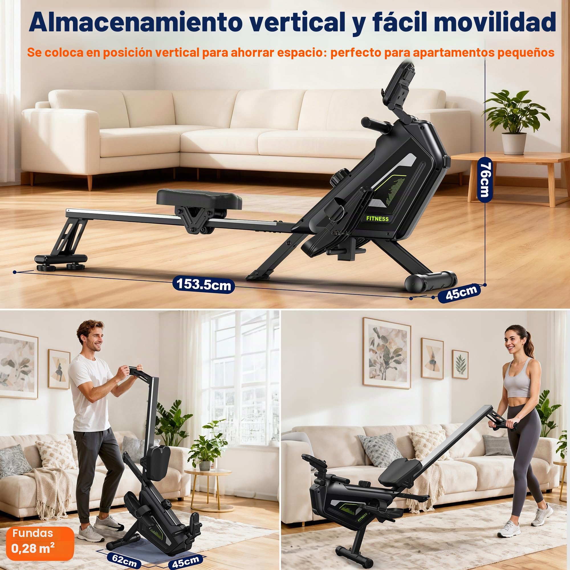 Máquina de remo para el hogar – 16 niveles de resistencia, silenciosa máquina de remo magnética con aplicación, capacidad de carga de 160 kg, fácil montaje, compacta y ahorra espacio