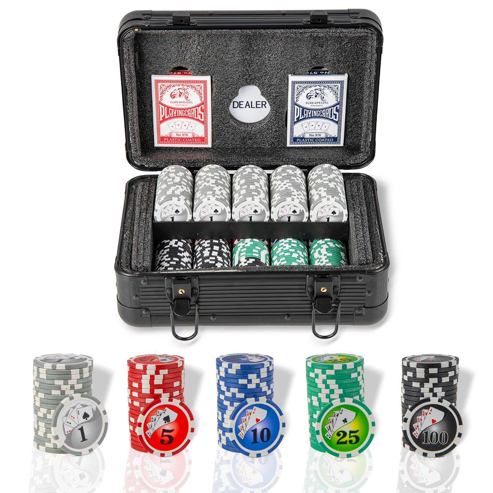 DREAMADE Jeu de Poker, Jetons Casino avec 2 Jeux de Cartes, Jeton de Croupier, Tapis de Table Feutré, Etui en Aluminium et 2 Clés, pour Le Jeu de Blackjack, Texas Hold’em (300 Jetons)