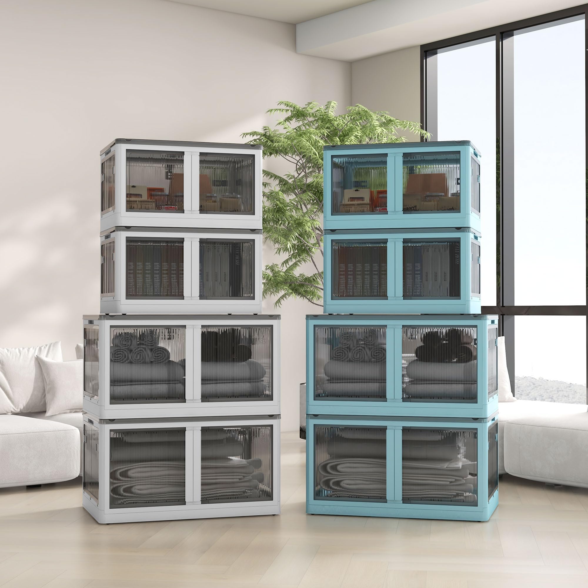 HOMCOM Caja de almacenaje de plástico set de 3 con ruedas cajas plegables de almacenaje, apilables armario organizador para juguetes, ropa, libros blanco, 60cm x 42cm x 34cm | Cajas plegables de almacenamiento, organizador de armario, para juguetes, ropa,