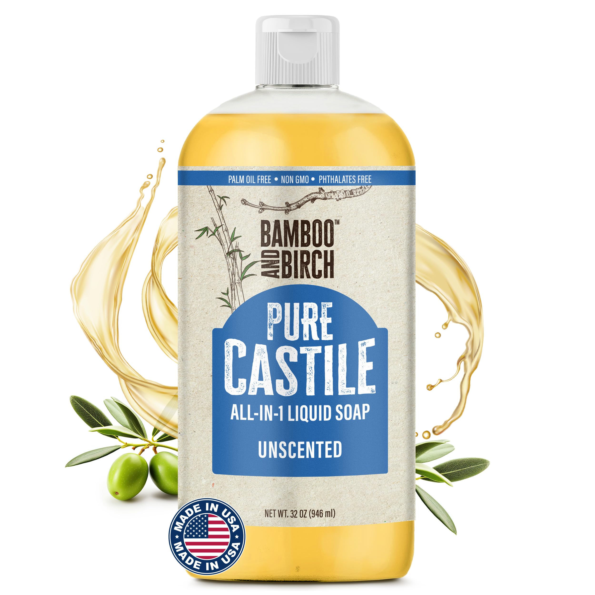 Pure Castile Soap Liquid, Certified Palm Oil Free Natural Soap, Unscented, 32 oz