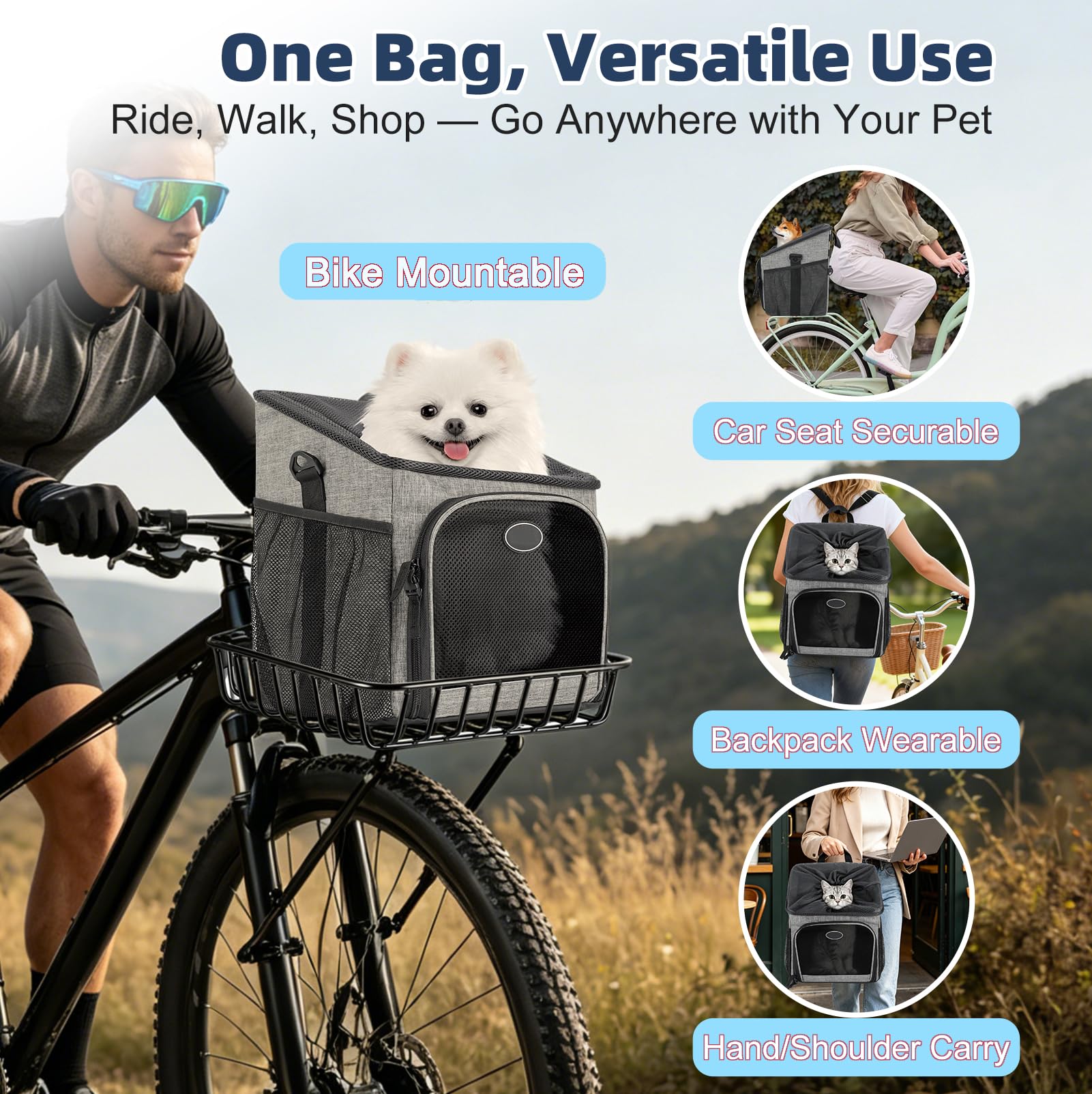 Cesta de bicicleta para perros delantera transpirable, mochila plegable para perros hasta 5,5 kg, montaje ajustable