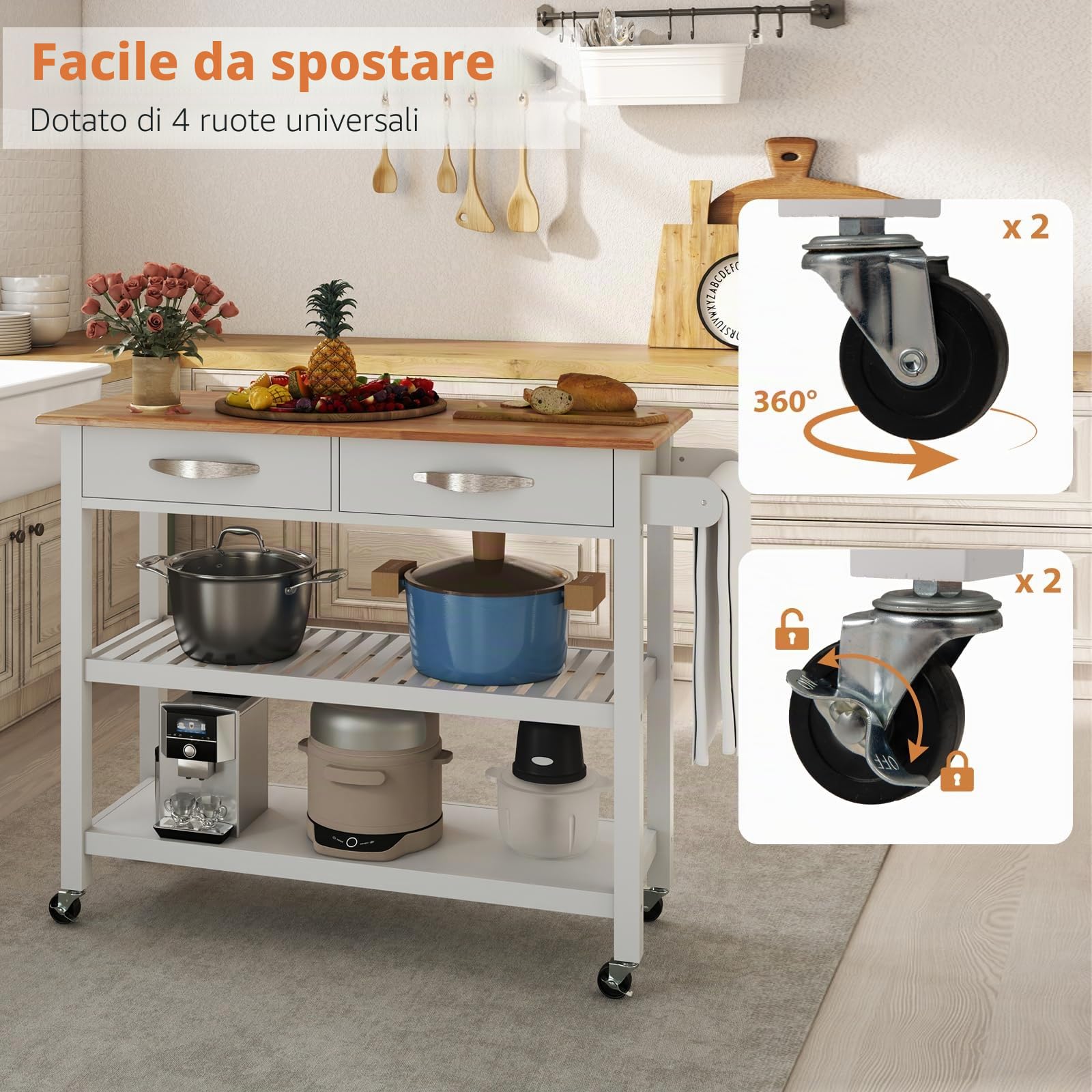 RELAX4LIFE Carrello Cucina Salvaspazio con Ruote in Legno, con 2 Cassetti, 2 Ripiani Aperti e Maniglia Laterale, Facile da Spostare, Stile Rustico, Naturale (BIANCO)