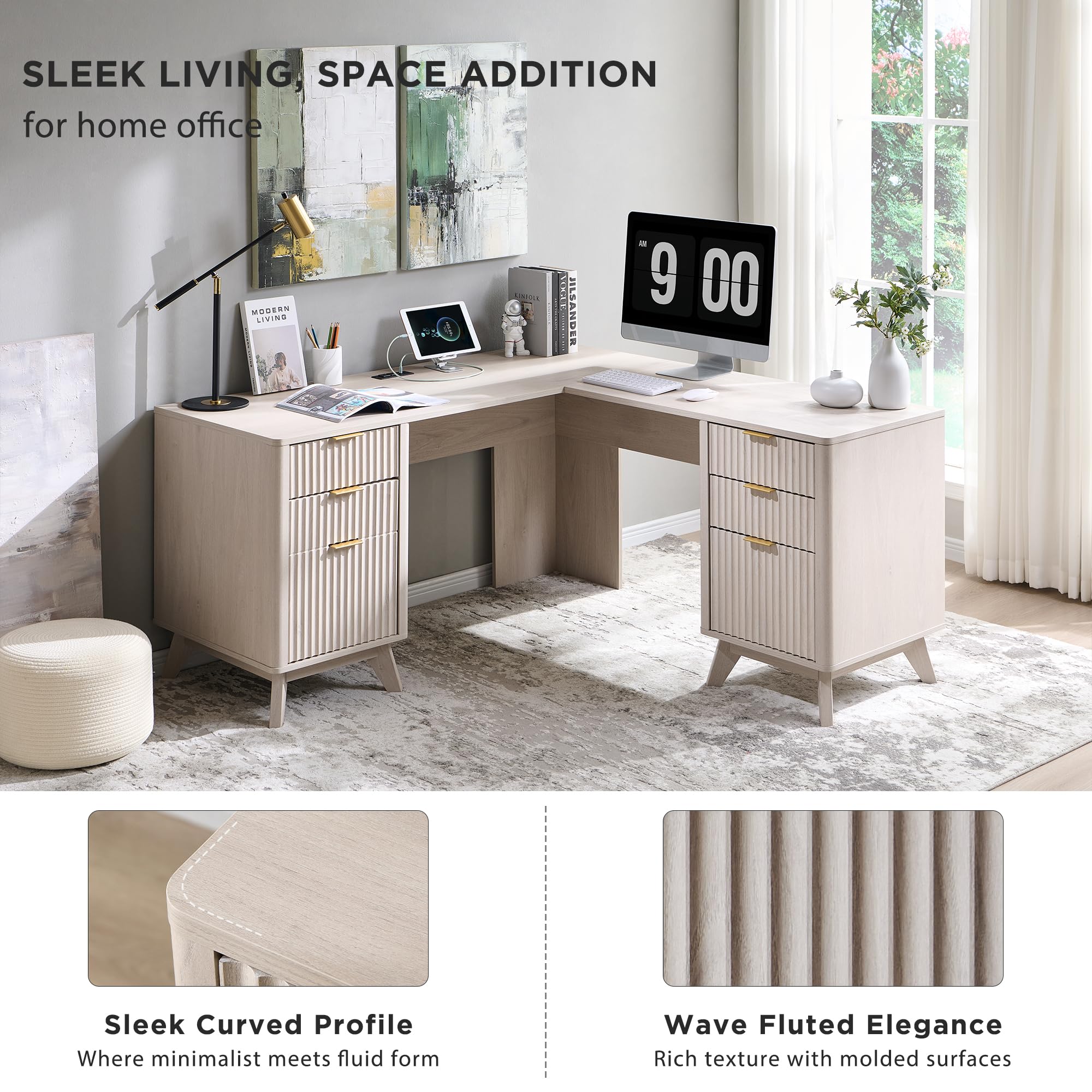 T4TREAM 60'' Fluted Executive L Shaped Desk, Modern Home Office Desk with Charging Station and File Drawer, Computer Corner Desks with Drawers & Storage Cabinet for Office Home, Bedroom,