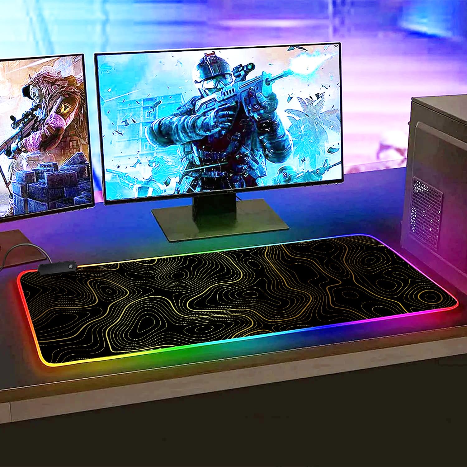 Grand tapis de souris de jeu topographique LED RVB – Grand tapis de bureau avec motif de carte des contours, base en caoutchouc antidérapant et bords cousus pour PC et ordinateur portable (noir avec