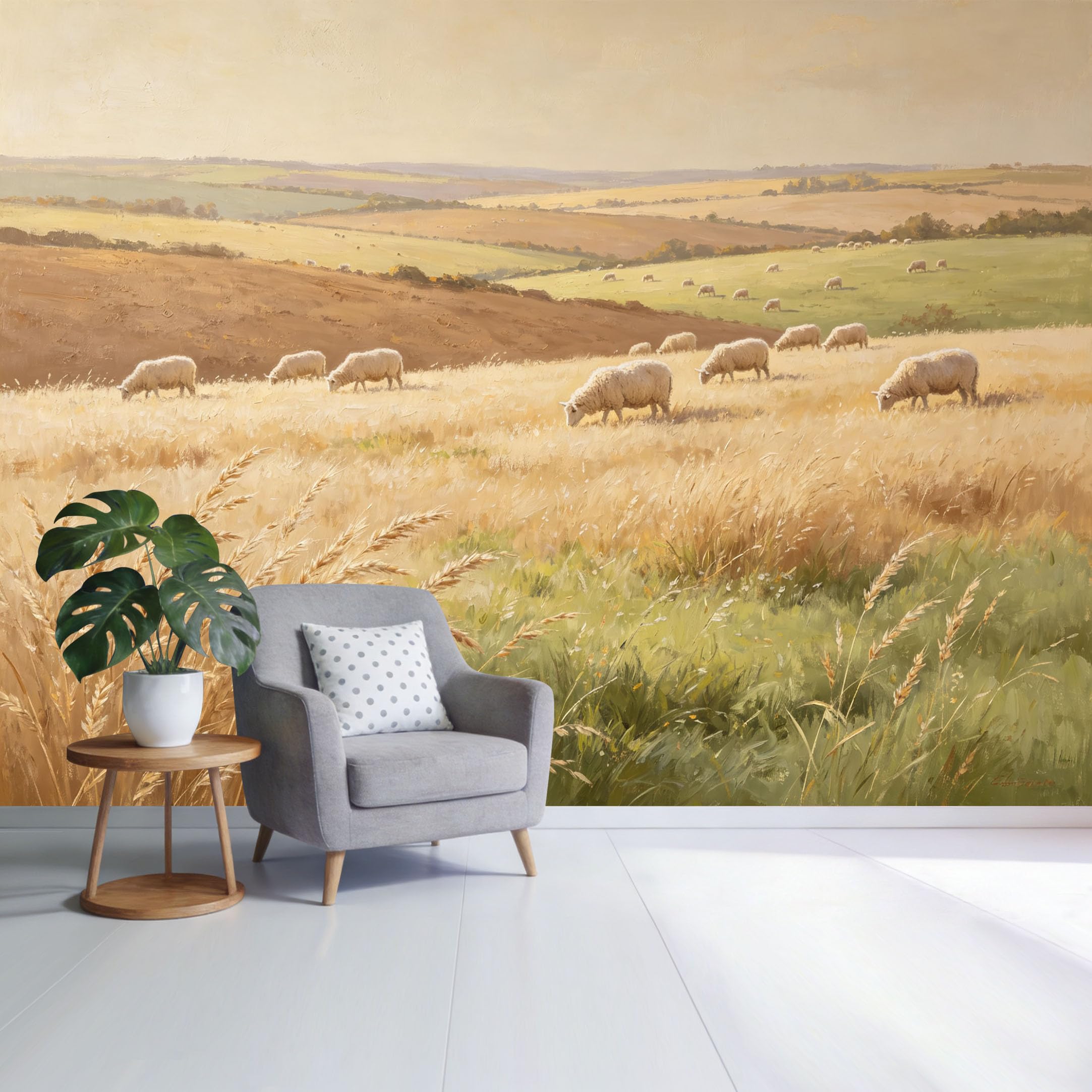 Custom Size Wall Mural Pastoral Landscape Grazing Sheep Golden Meadow Oil Painting Style SelfAdhesive Wall Fabric Removable Wallpaper for Home Office Decor