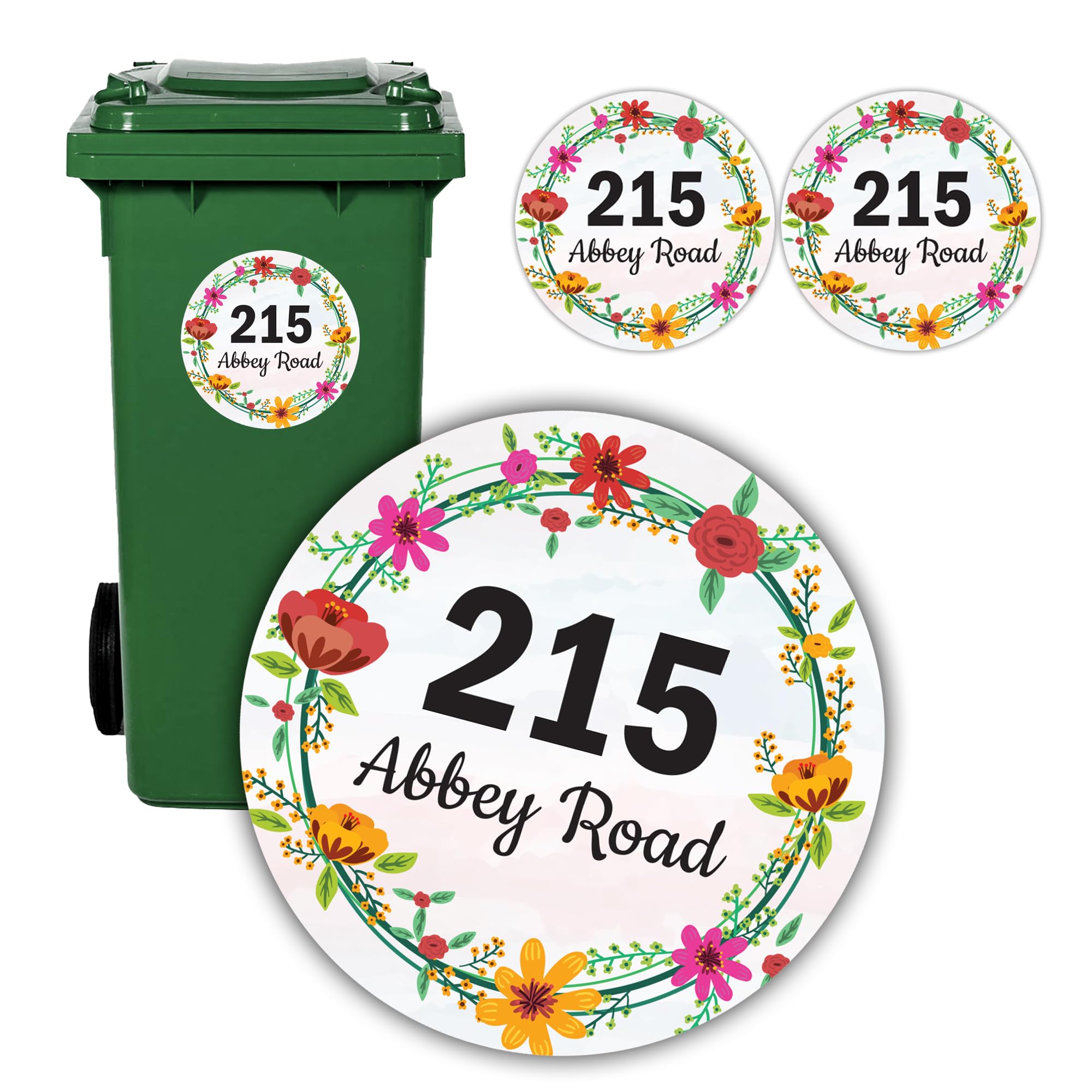 Personalised Bin Number for Wheelie Bin Stickers Set of 2 A5, Custom House Number & Street Name, Waterproof Circle Vinyl Decal, Round Floral Garland