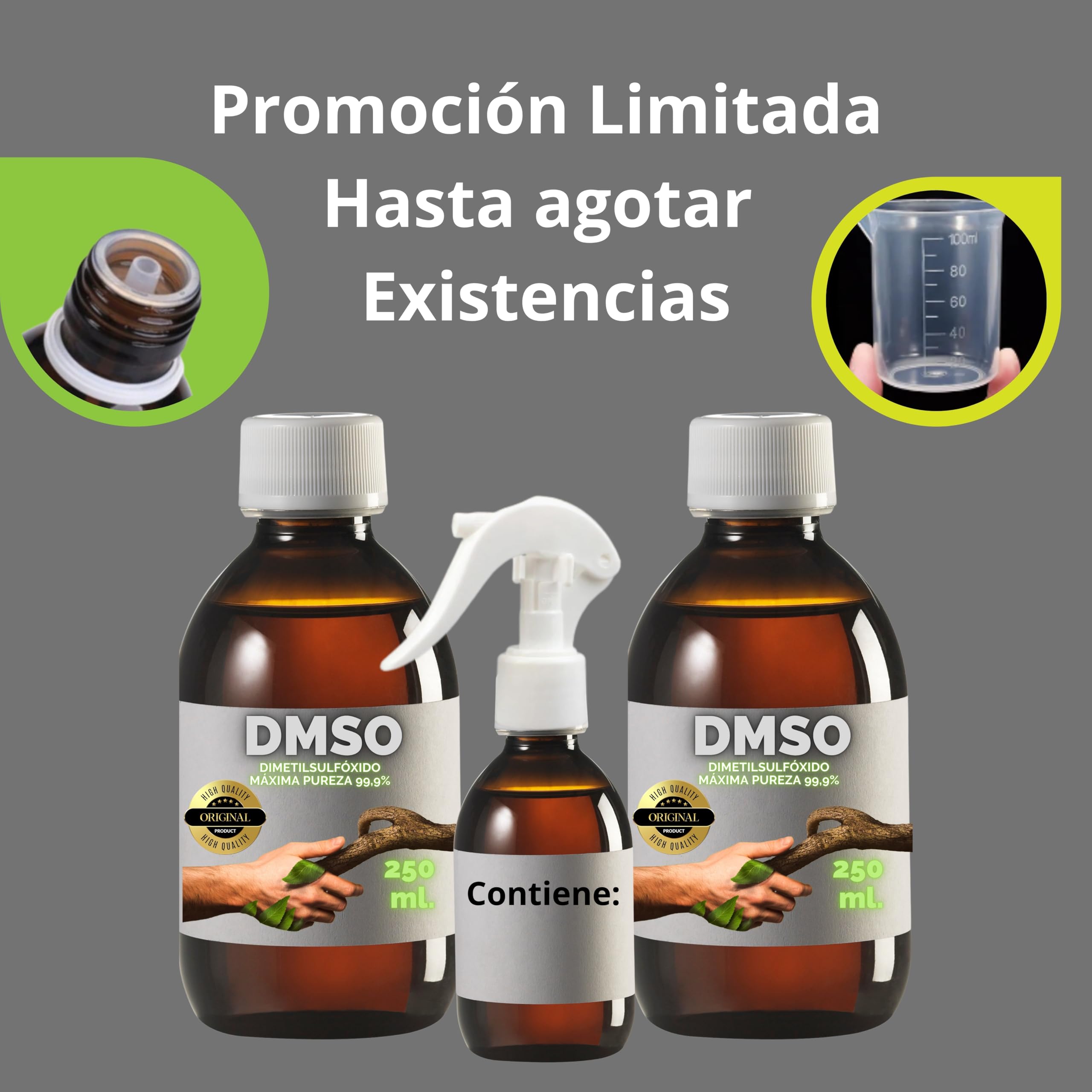 2 X DMSO 250 ml. 99,9% Pureza Con Gotero | Dimetilsulfóxido Calidad Ph Eur | Regalo Frasco125ml + Difusor + Vasito Dosificador | Frascos Ámbar de Laboratorio | Precinto de Seguridad