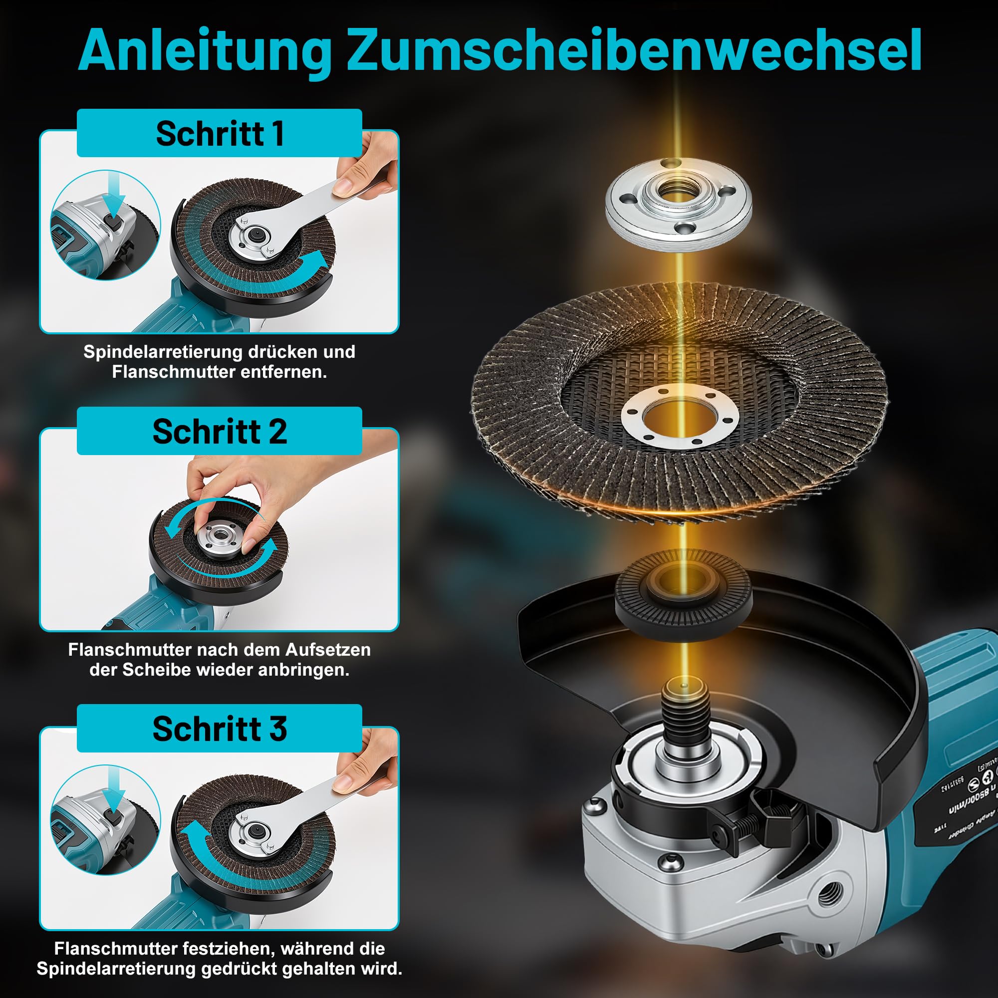 YEARTOP Akku Winkelschleifer Ø 125mm Kompatibel mit Makita 18V Akku | für Holz Metall Trennen und Schleifen, Bürstenloser Motor 3 Stufen Regelbar 9000 U/min Akku Flex mit 2x 3.0Ah Akkus