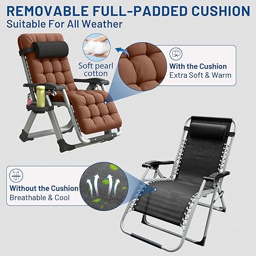 Miniatura 5 de Silla de gravedad cero de gran tamaño, silla de descanso XL de 29 pulgadas de ancho, silla reclinable acolchada con cojín extraíble y reposacabezas