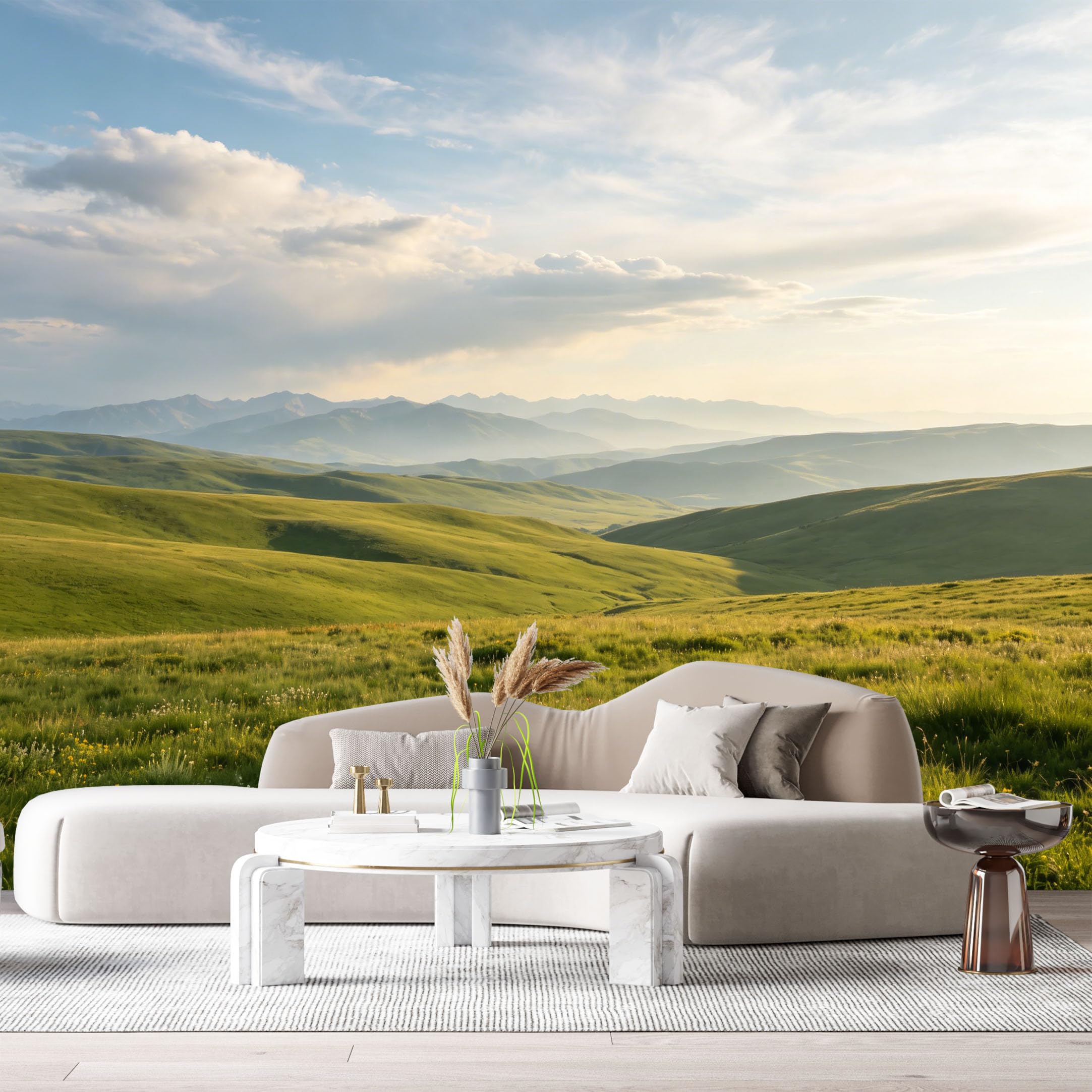 Custom Size Wall Murals Mountain Meadow Landscape Watercolor Rolling Hills Sunset Sky SelfAdhesive Wall Fabric Removable Large Wallpaper for Photo Living Room