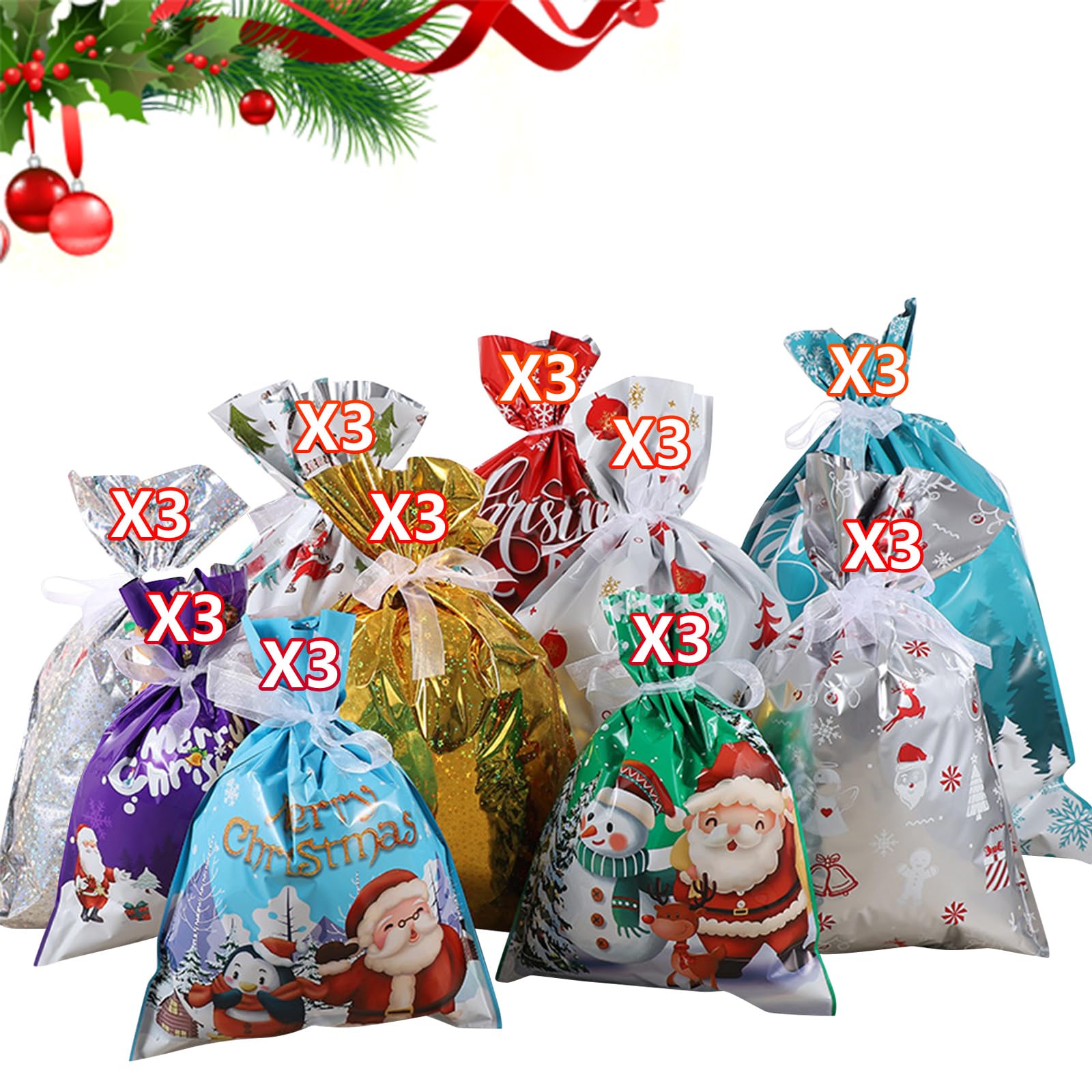 Tsophreniq 27Pcs Christmas Themed Maintaining Materials Assorted Sizes for Treats Decorations Santa Tree Snowman Holiday Packaging Gift
