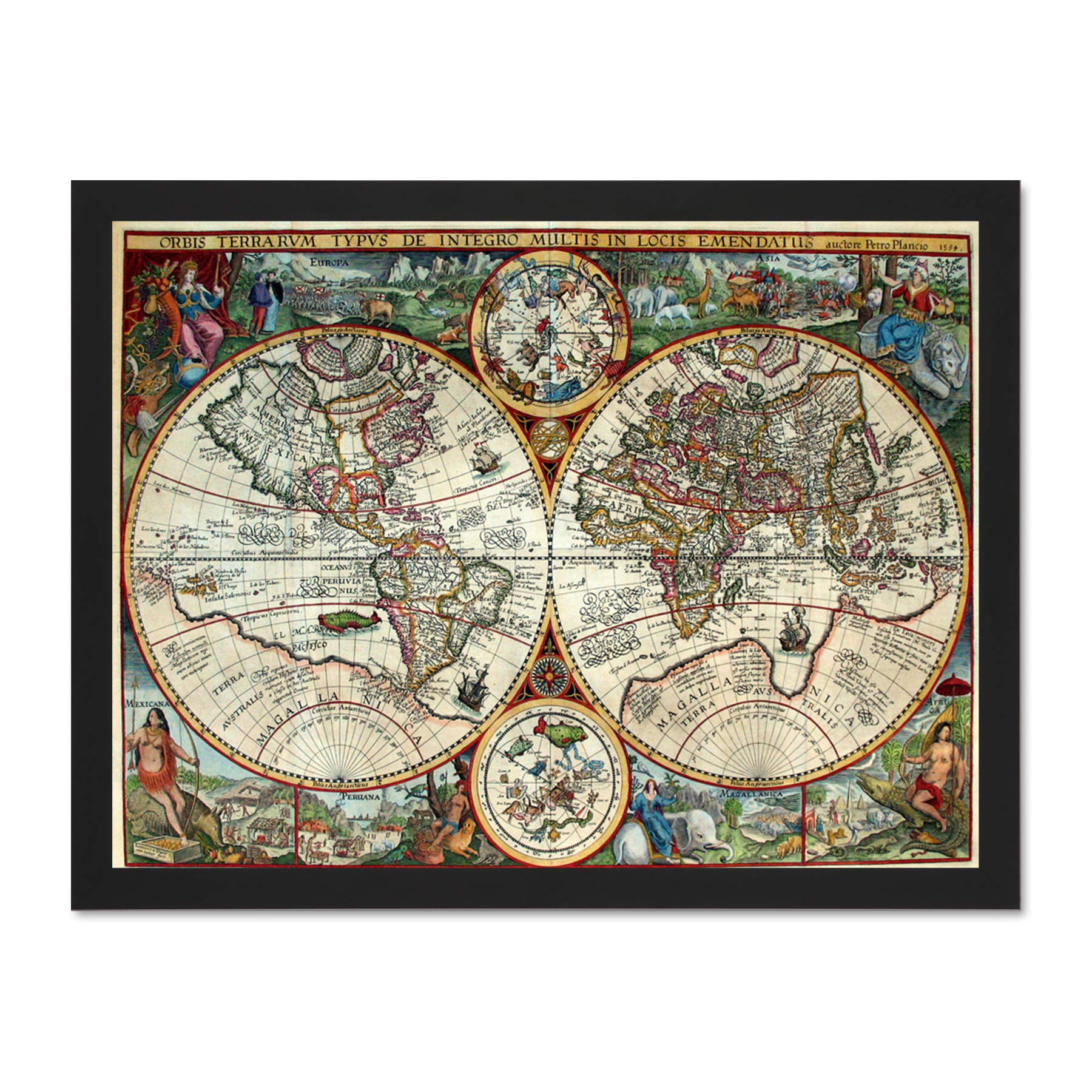 Wee Blue Coo Map Antique Globe Hemisphere Ornate Decorative Art Large Framed Art Print Poster Wall Decor 18x24 inch