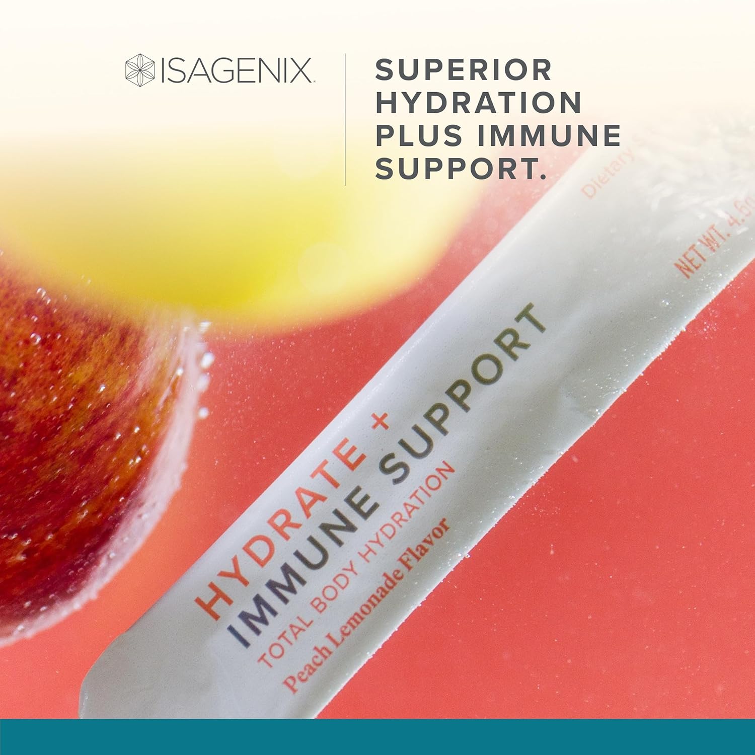 Isagenix Hydrate + Immune Support with Whole-Food Sourced C, D Vitamins - Superior Hydration with 1625+ mg of Essential Electrolytes - No Added Sugar Peach Lemonade Flavor 0.2 oz Sticks 24 Servings
