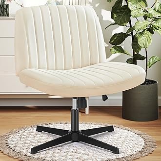 DUMOS Criss Cross Chair Legged Office Wide Comfy Desk Seat, No Wheels Armless Computer Task Seating, Swivel PU Leather Vanity Home Height Adjustable