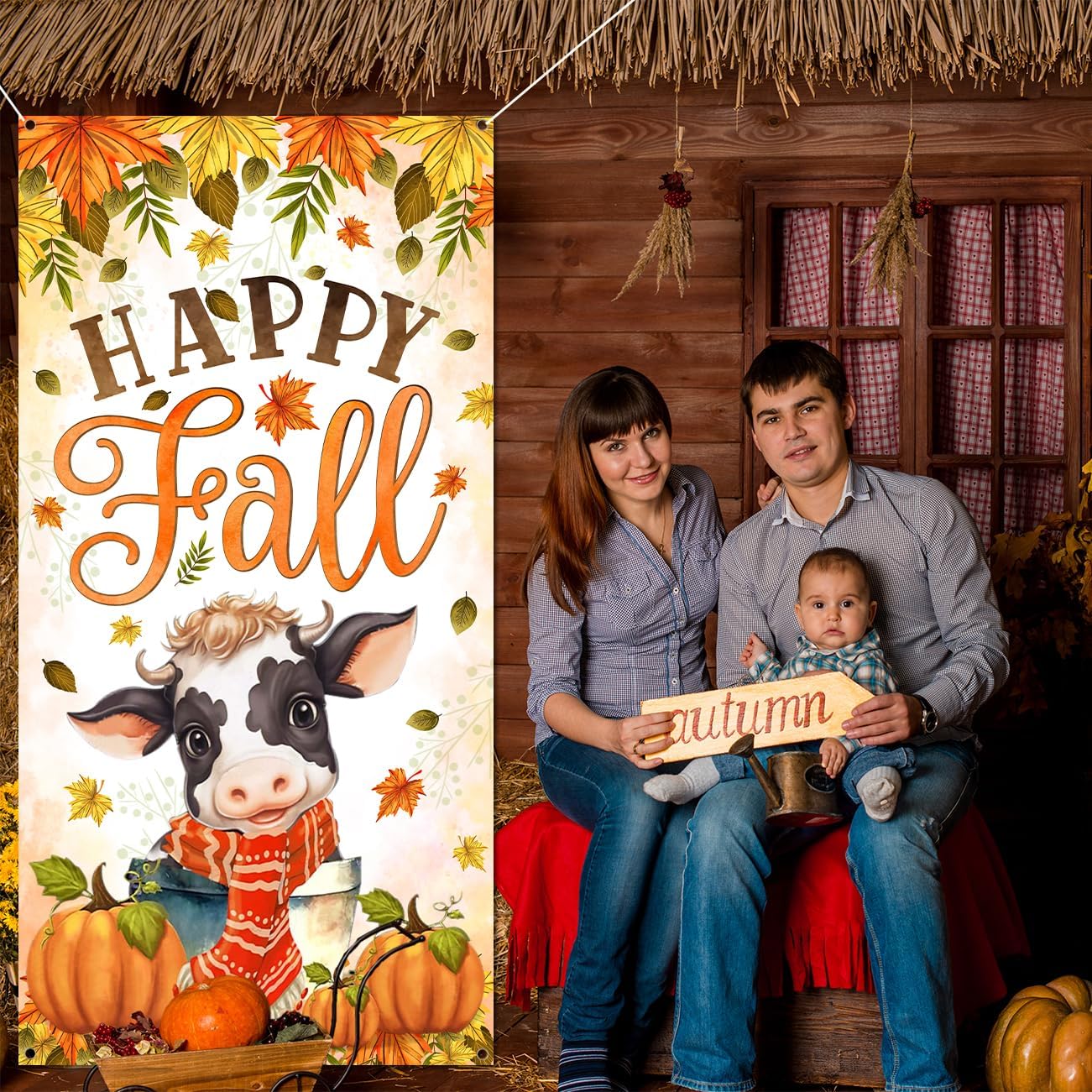 Happy Fall Door Cover Fall Party Decorations Baby Cow with Scarf Fall Festival Decorations Pumpkin Door Banner for Autumn Harvest Thanksgiving Party Supplies - Image 2