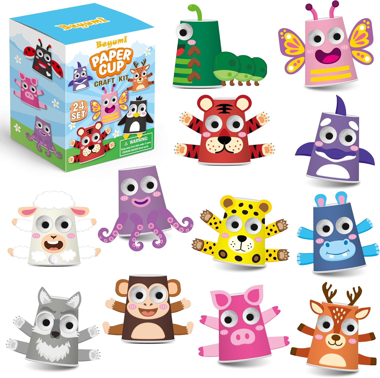 BeYumi Assorted Animal Craft Kit - 24Pcs Christmas Paper Cup Crafts for Kid