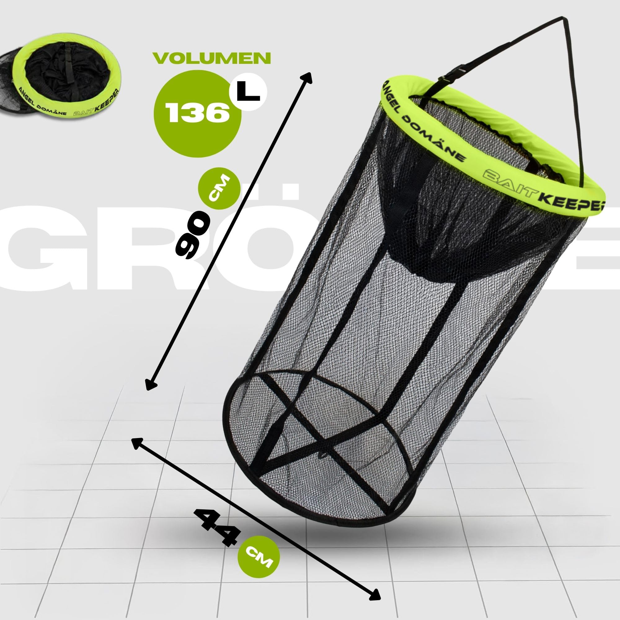 Angel Domäne Bait Keeper – Schwimmender Setzkescher gummiert – 90cm Länge & 44cm Durchmesser – Fischschonendes Hexa-Mesh – Bootssetzkescher mit Zugkordel & Auftriebskörper – Köderfischbehälter