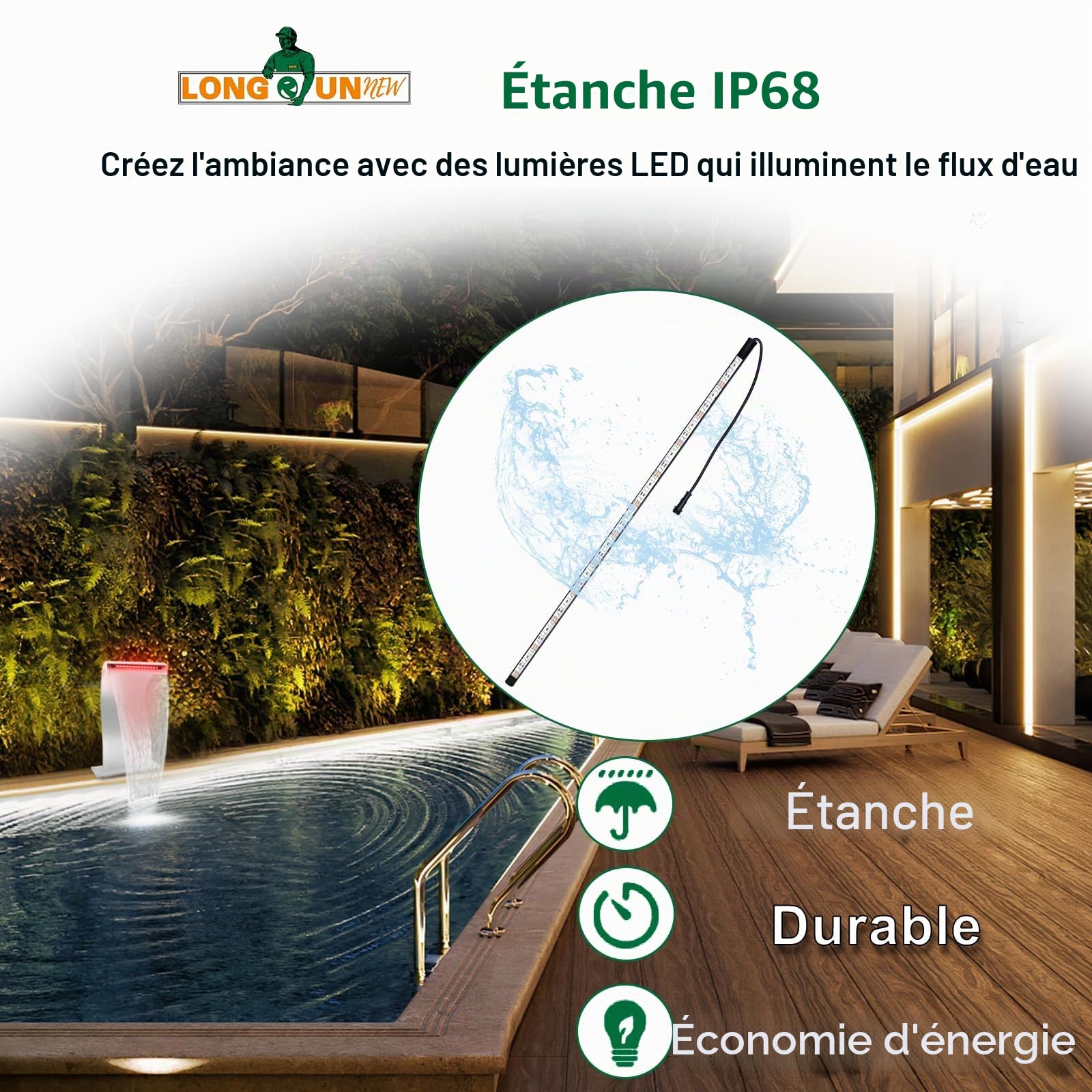 Bande LED pour aquarium, fontaine, ruisseau, piscine, éclairage sous-marin IP68, étanche, 7 couleurs, éclairage LED 22 cm, cascade avec télécommande