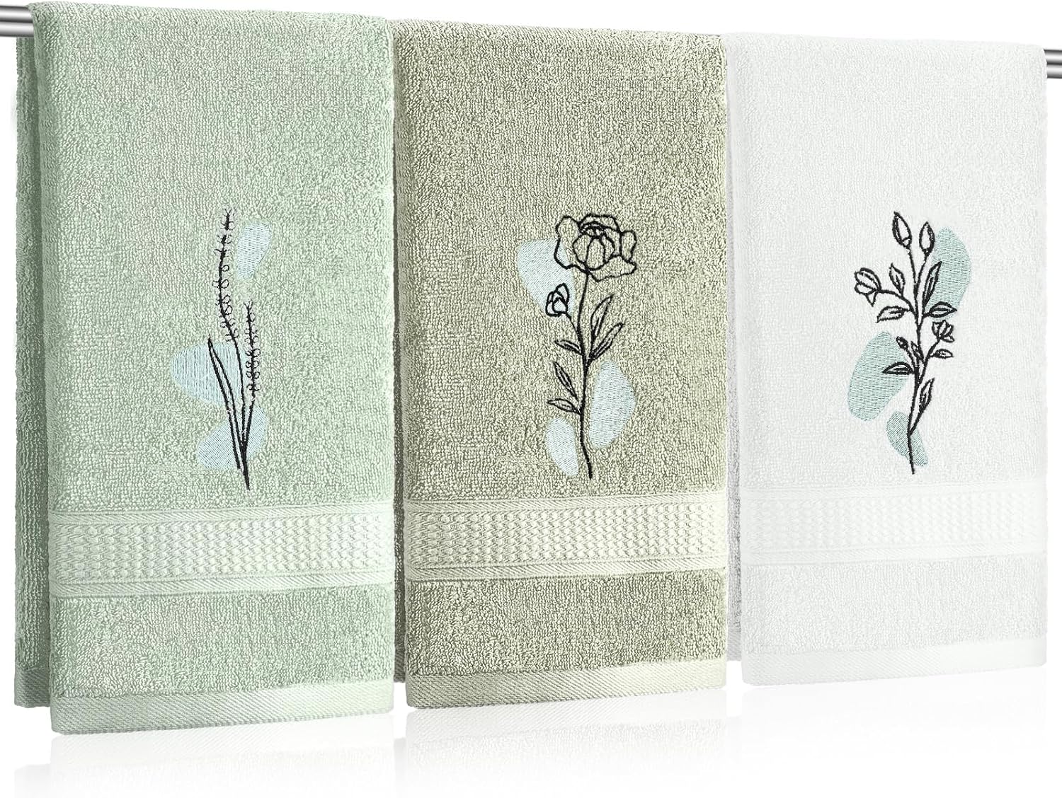 Tingjoo Abstract Botanical Hand Towels Boho Sage Green Botanical Bathroom Decor 14x29 Inch Embroidered Decorative Cute Summer Flowers Cotton Soft Absorbent Hand Towels for Bathroom Kitchen
