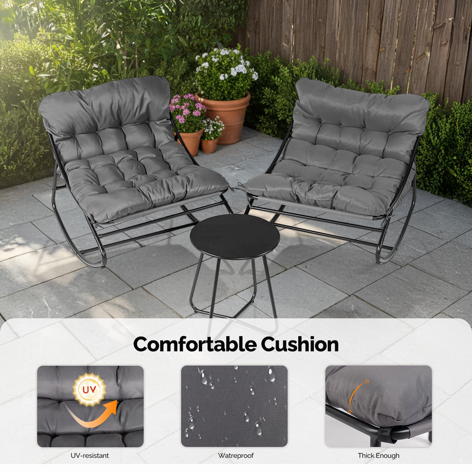 Bonnlo Sillón Mecedora Set de 2 con Mesa Auxiliar, Sillones Mecedora Papasan de Exterior con Cojines Gruesos, para Jardín y Terraza, Gris