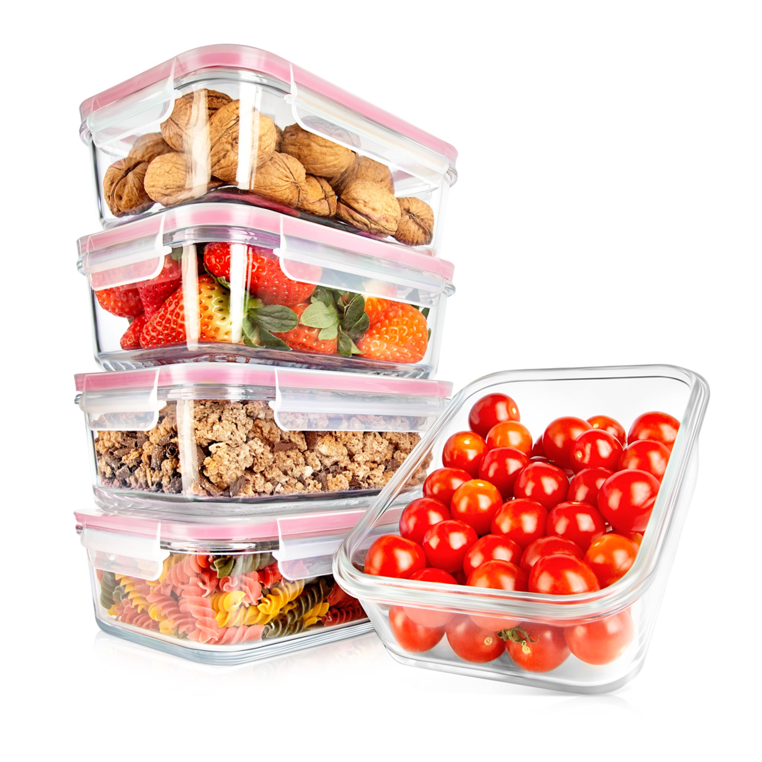 Nutrichef Glass Food Containers with Lids – 5 Pack 1L Borosilicate Meal Prep Containers, Airtight Leakproof Food Storage Set, Microwave, Oven, Dishwasher & Freezer Safe (Red)