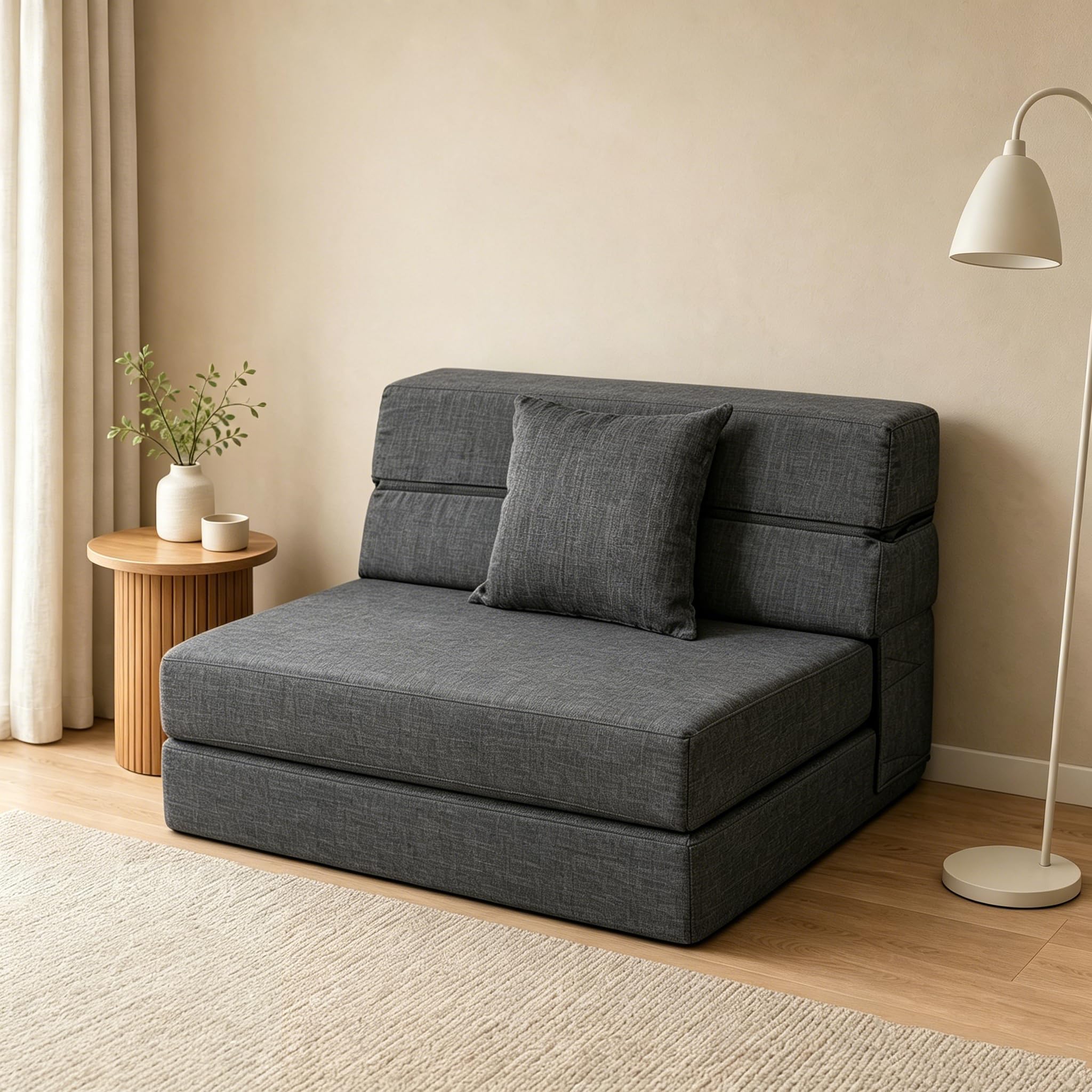 ANONER Folding Sleeper Chair Sofa Bed with Pillow, Memory Foam Fold Out Chair Bed and Futon Floor Couch, Twin Size, Dark Gray