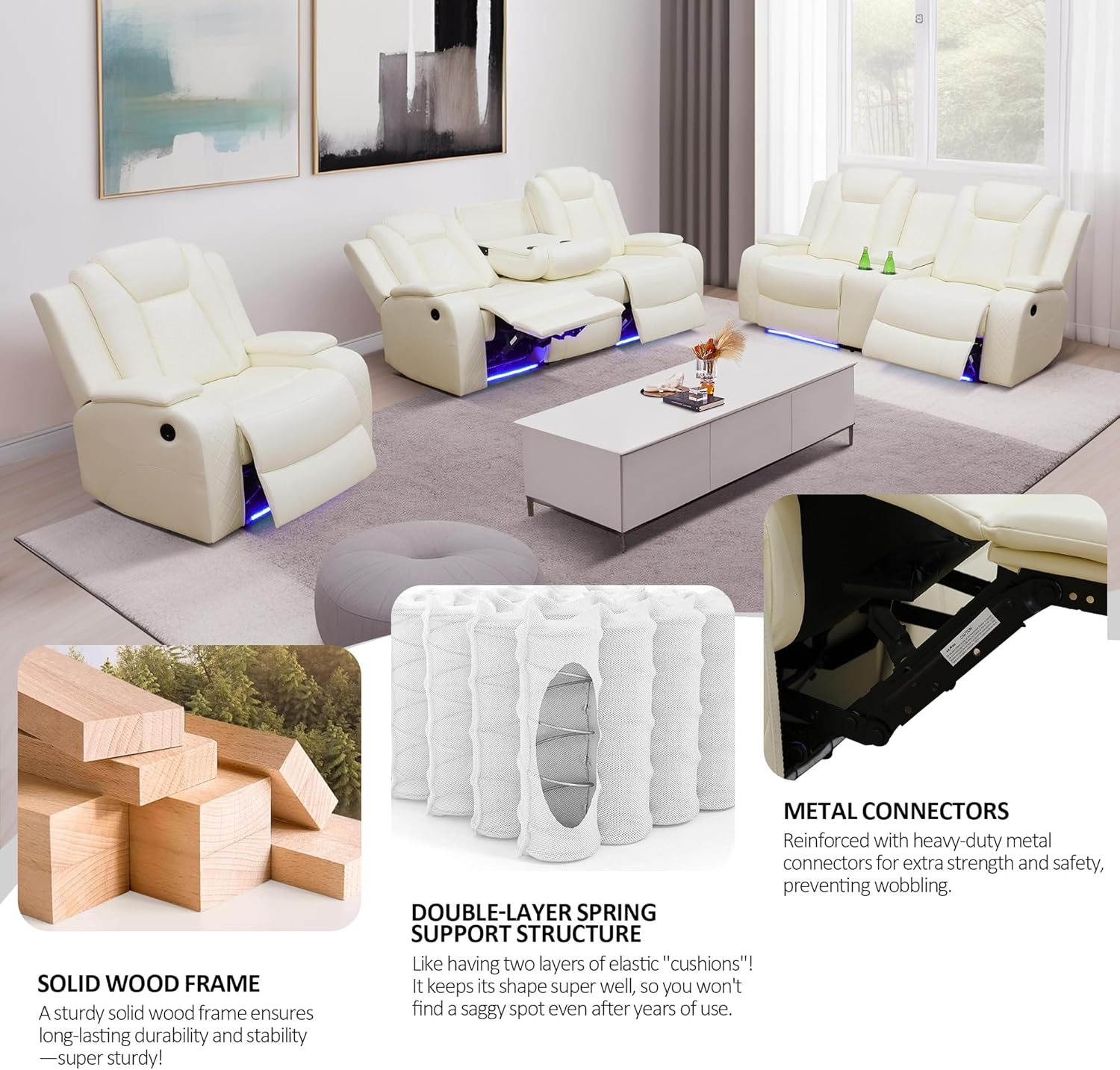 Power Recliner Sofa Set, Sectional Reclining Set,Intelligent Recline,Breathable Leather Recliner with Adjustable Backrests,Gameroom,Office,RV,Living Room Furniture(Sofa+Loveseat+Chair, Creamy White)