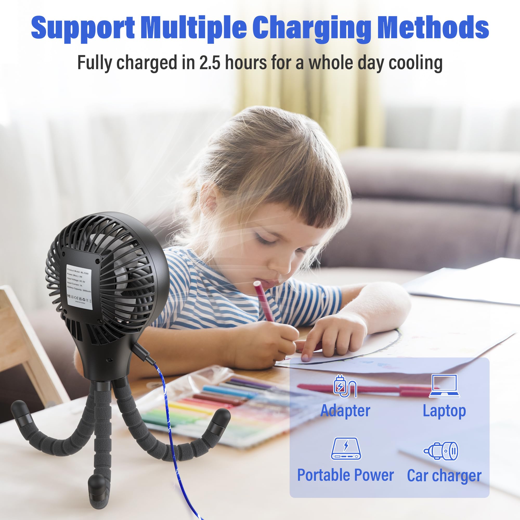 AMACOOL Ventilatore a batteria, oscillante portatile a clip con treppiede flessibile a 3 velocità, per seggiolino auto, culla e tapis roulant da viaggio