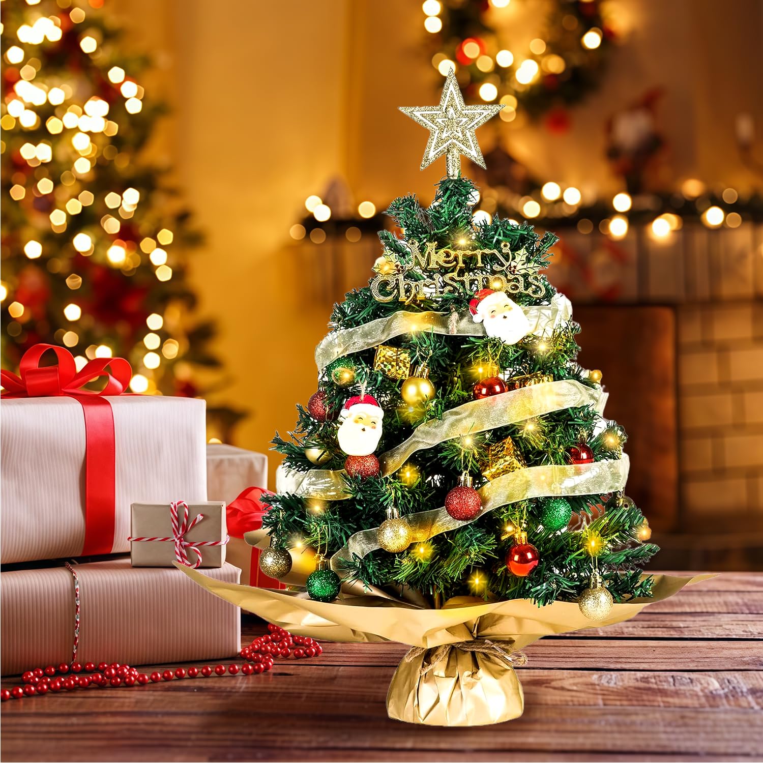 Mini Albero Di Natale LED 60 Cm Con Decorazioni Rosse E Oro – Albero Artificiale Completo Di Luci E Stella – Perfetto Per Scrivania E Centrotavola