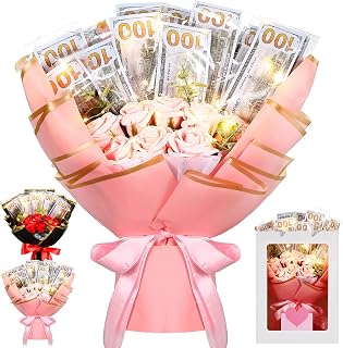 Zeyune Money Bouquet Kit with Gift Box and LED Light String Artificial DIY Rose Flower Bouquet for Women Men Birthday Anniversary Wedding Thanksgiving Christmas Party (Pink)