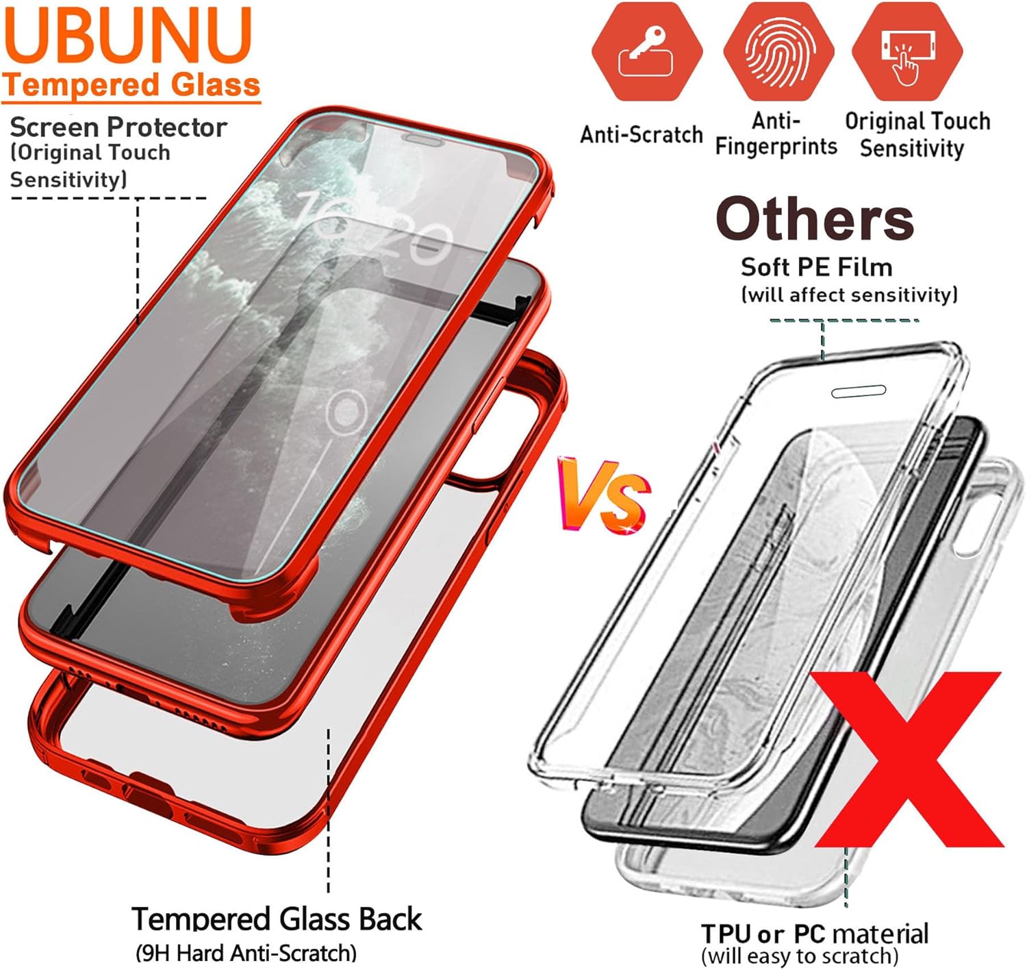 UBUNU for iPhone 11 Pro Case with Built in Tempered Glass Screen Protector 5.8'', Dual Layer Rugged 360 Full Body Protection Shockproof Protective Clear Phone Cover for Men Women, Red - Image 4