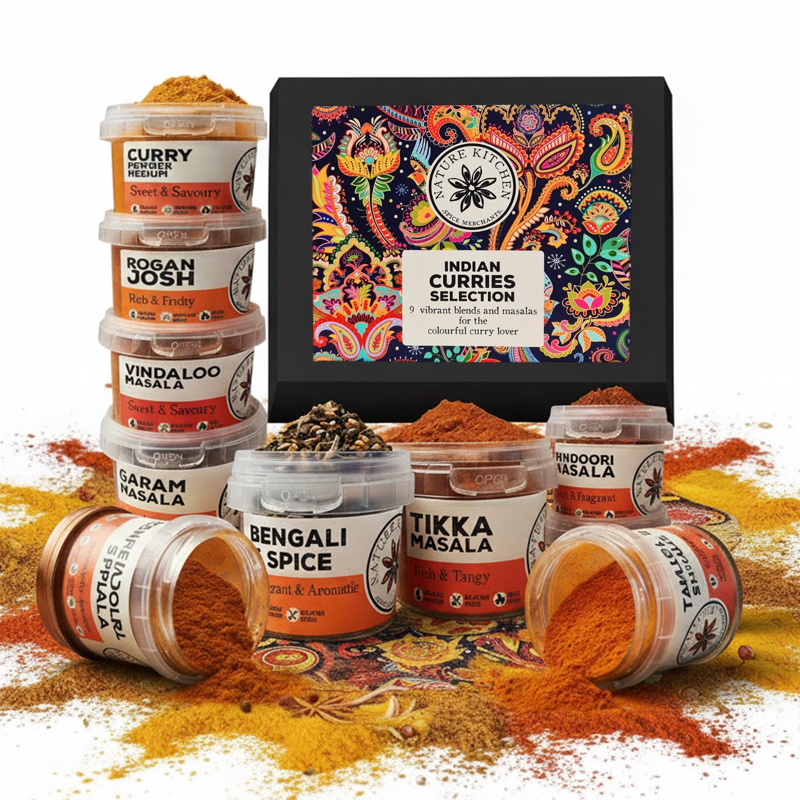 Nature KitchenIndian Curry Powder Masala Gourmet Spice Seasoning Selection Mix Gift Set Kit. 9x Gluten-Free Herbs and Spices For Cooking Recipes. Including Blends For Vindaloo, Korma and More