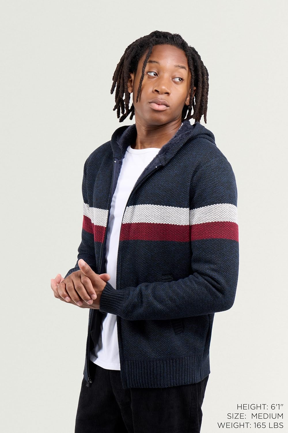 X RAY Mens Zip Up Fleece Lined Knit Cardigan Hooded Sweater, Full Zip Classic Fit Sweater with Stripes & Lining - Image 3