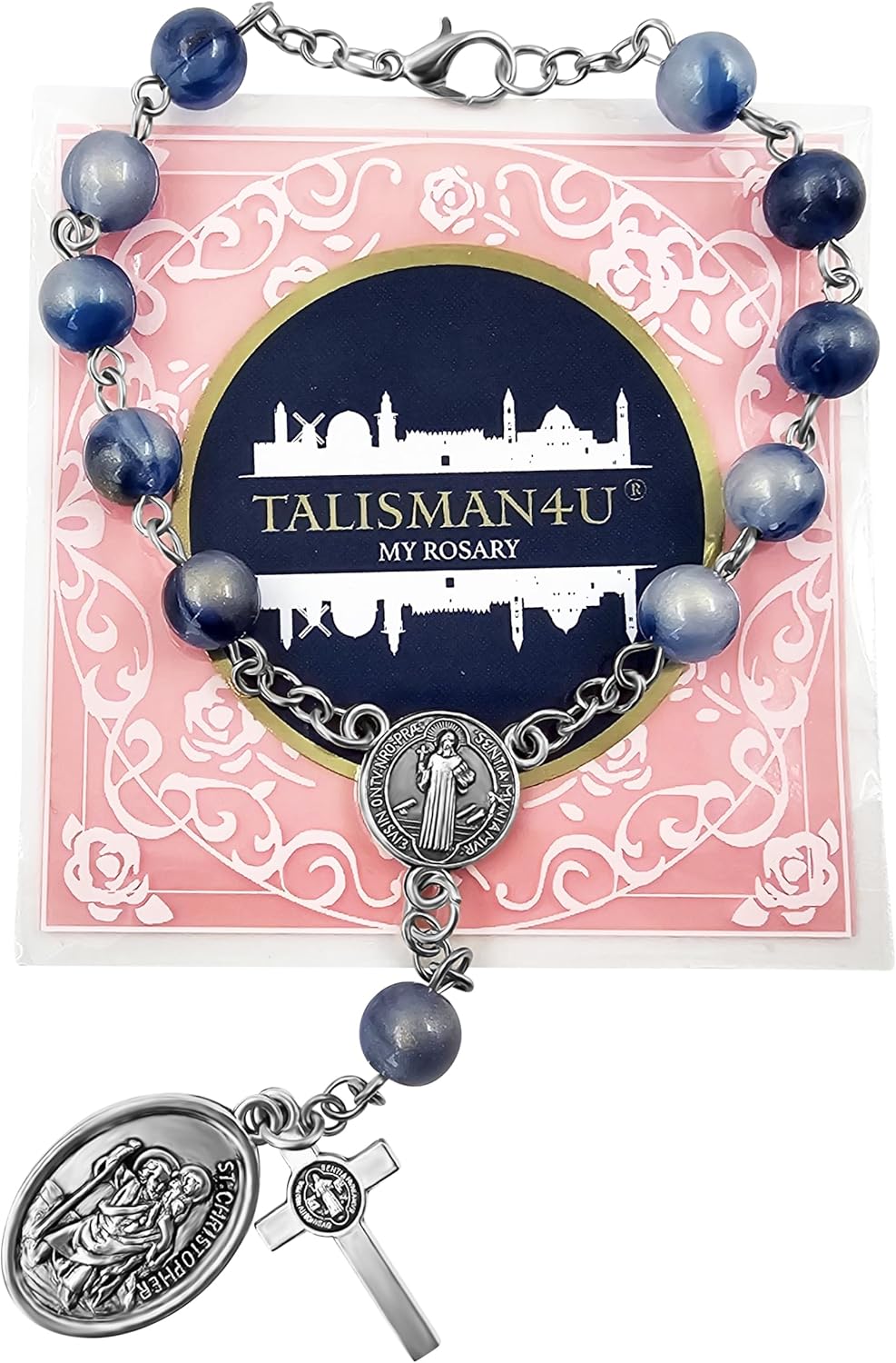 TALISMAN4U Saint Benedict One Decade Rosary for Car Rearview Mirror St Christopher Medal 8mm Glass Prayer Beads Catholic Evil Protection Auto Rosary Bracelet for Women Men - Image 6