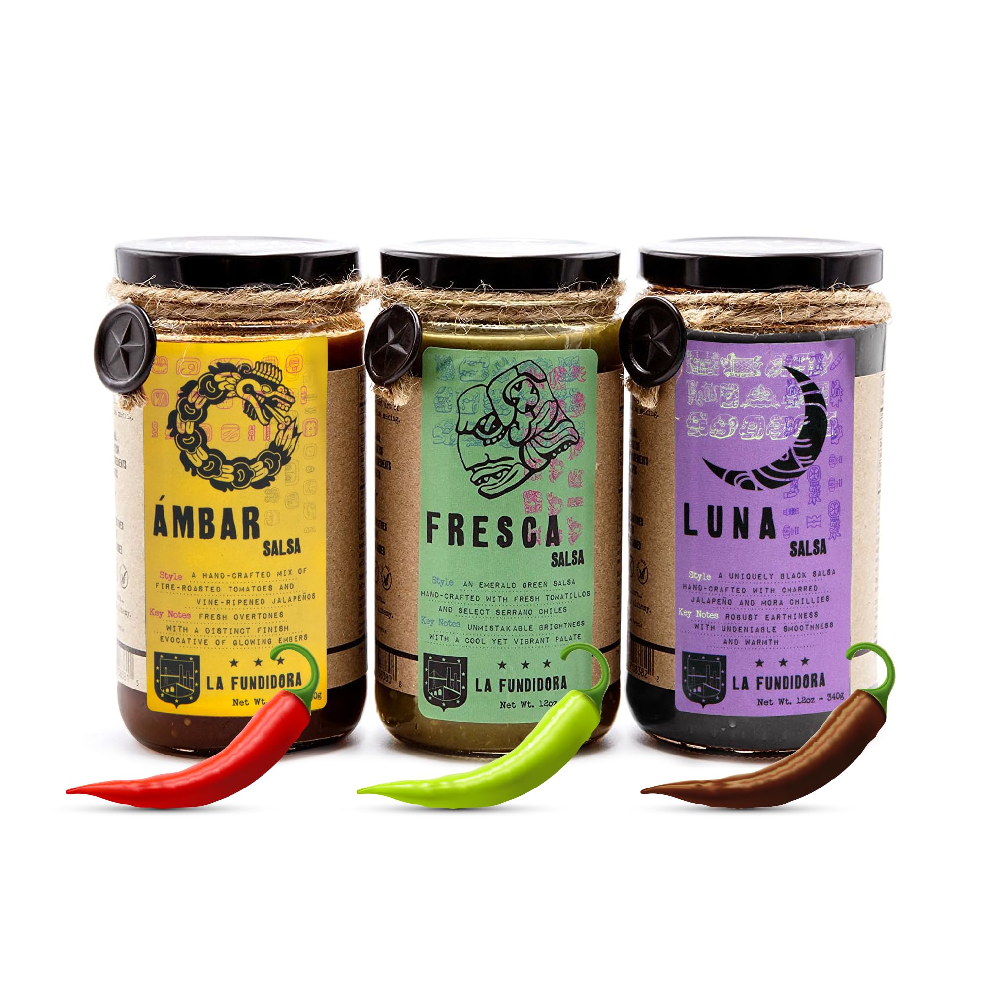 La Fundidora Mexican Snacks Trio Ambar Fresca Luna Salsas for Tortilla Chips, Authentic Traditional Recipe Smooth Homemade Spicy Tomatoes Dip Fresh Small Batch Variety 3 Pack
